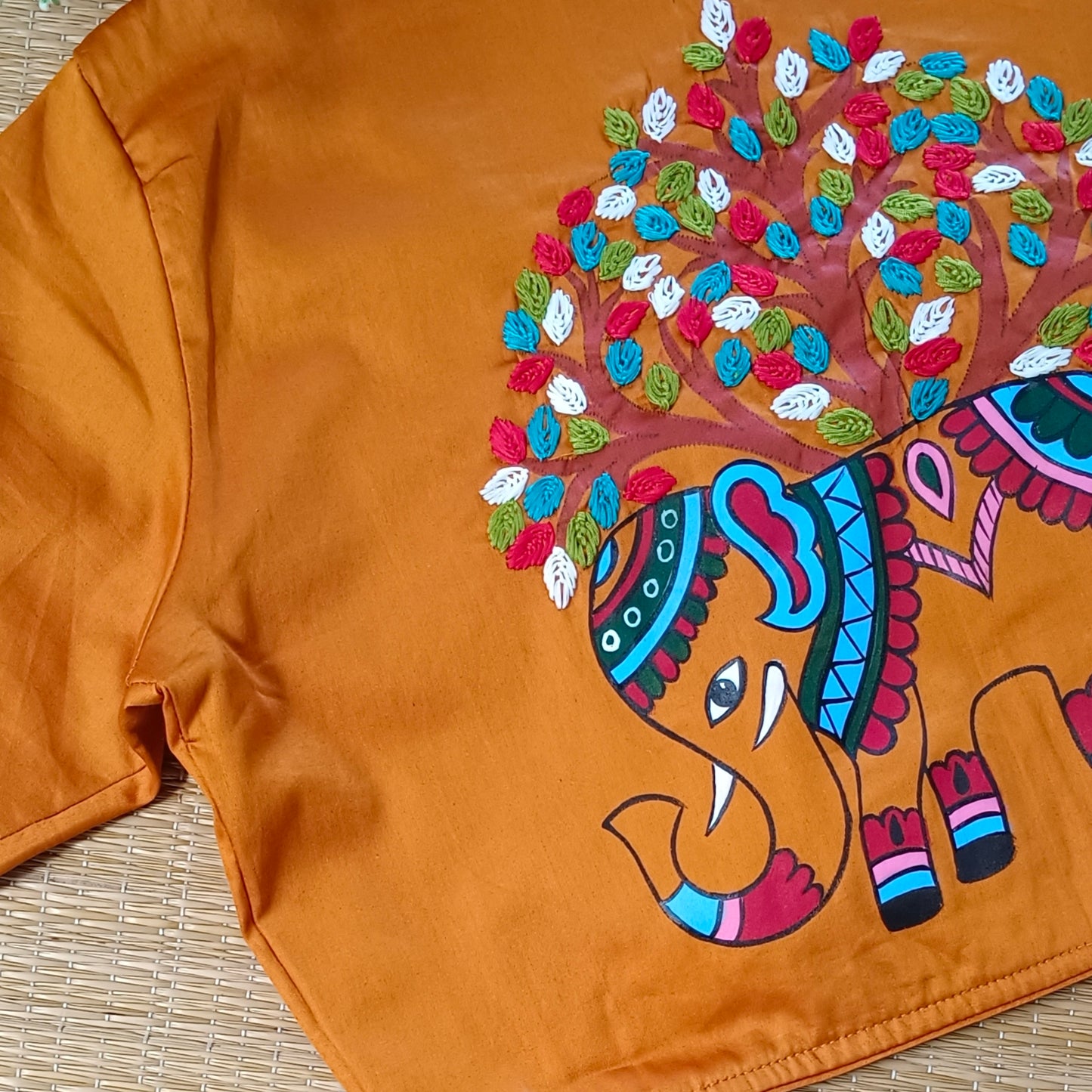 Mustard yellow hand painted & hand embroidery blouse