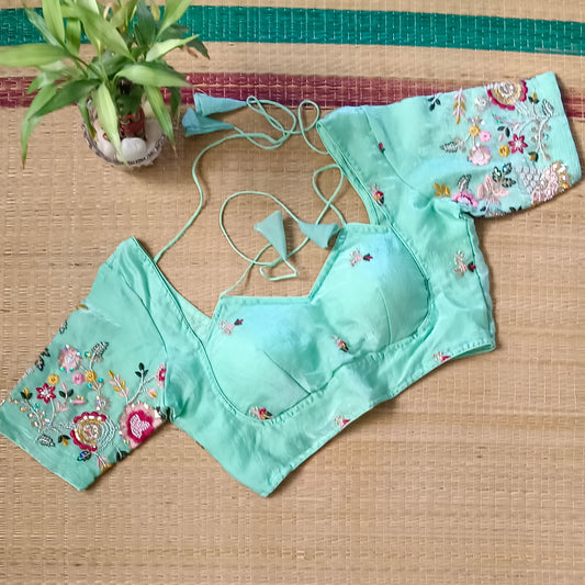 Aqua Green Multicolor Embroidery Masaba Neck Blouse