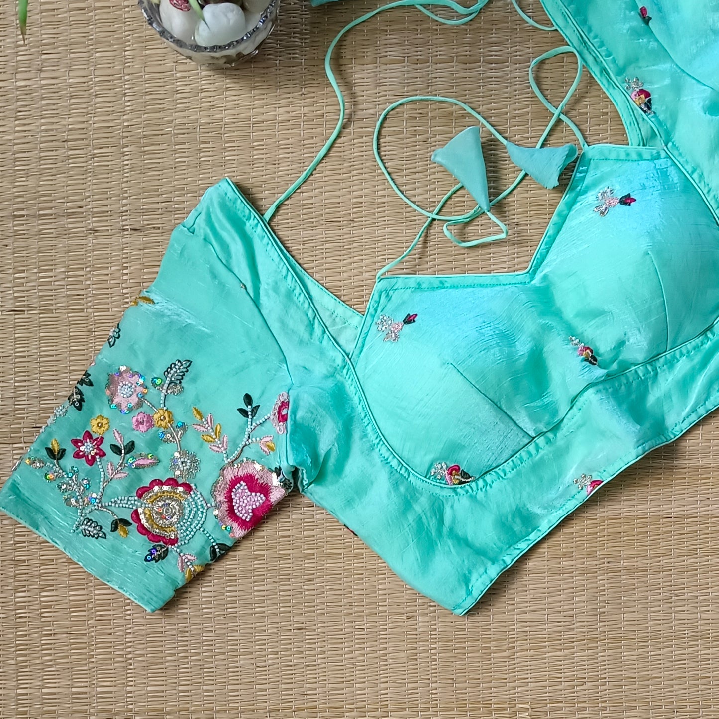 Aqua Green Multicolor Embroidery Masaba Neck Blouse