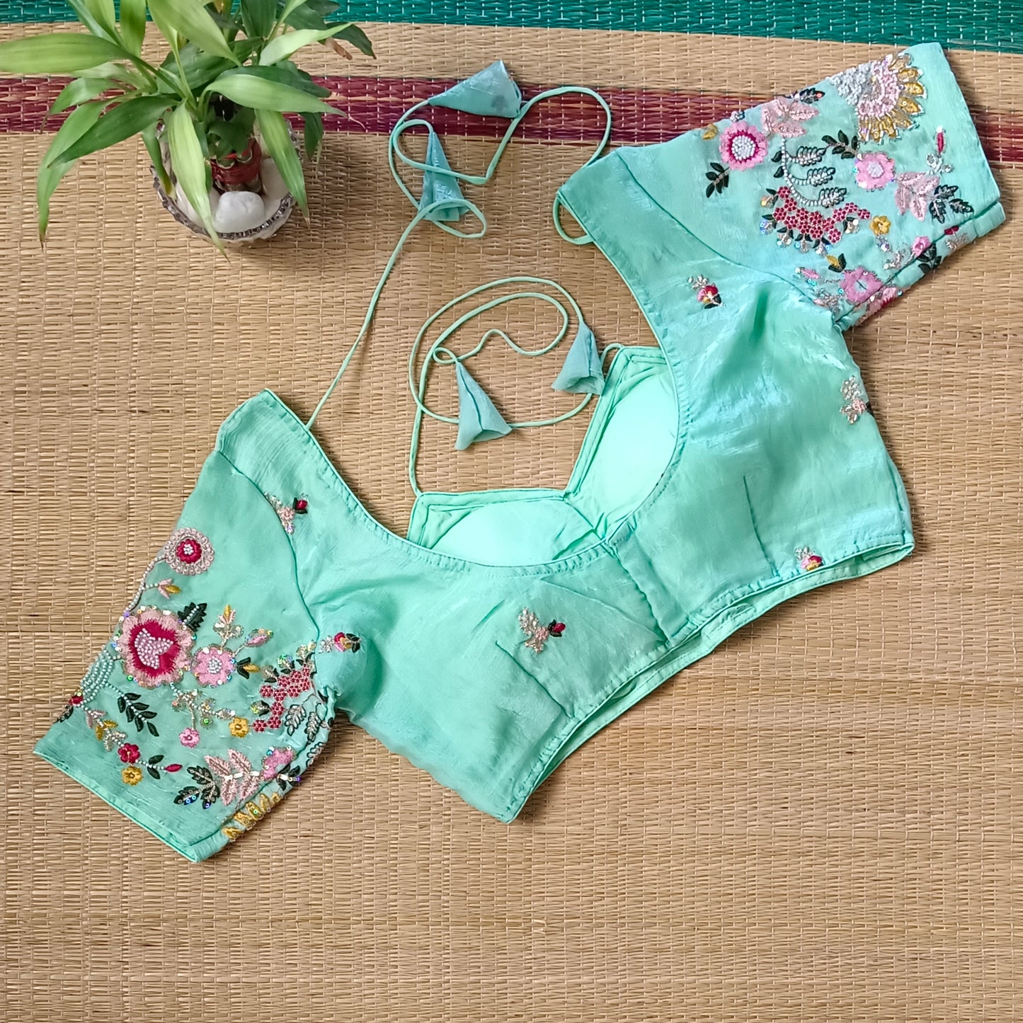 Aqua Green Multicolor Embroidery Masaba Neck Blouse