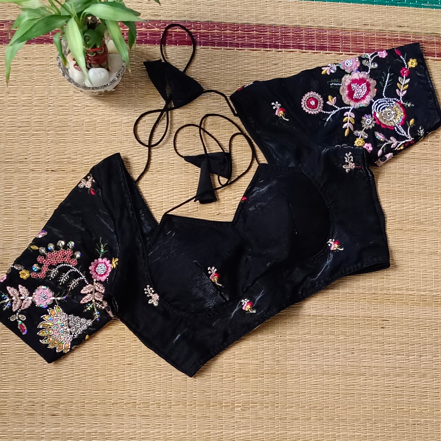 Black Multicolor Embroidery Masaba Neck Blouse