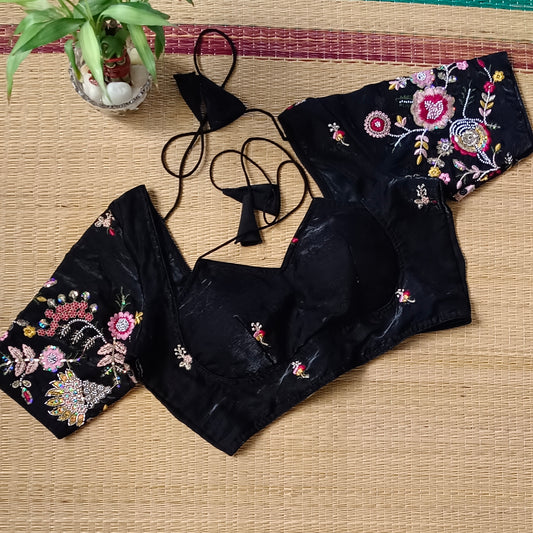 Black Multicolor Embroidery Masaba Neck Blouse