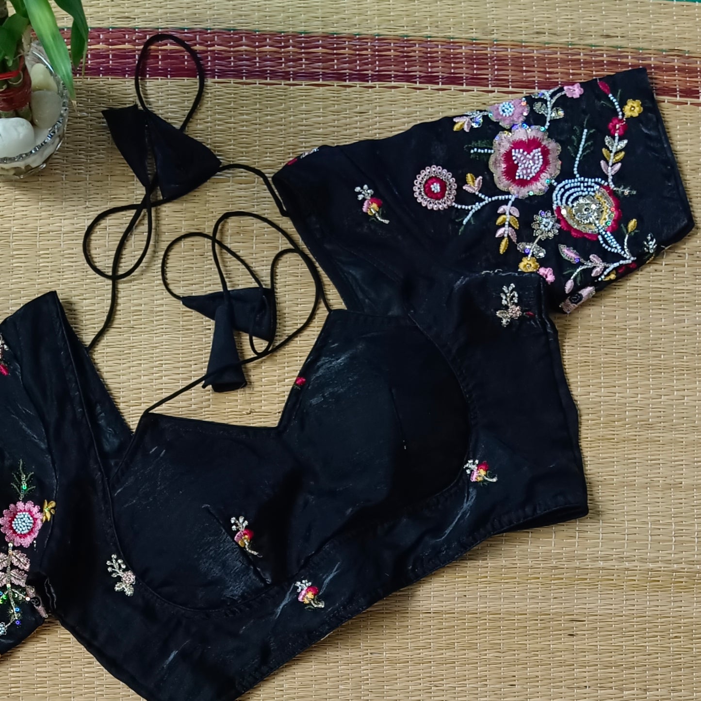 Black Multicolor Embroidery Masaba Neck Blouse