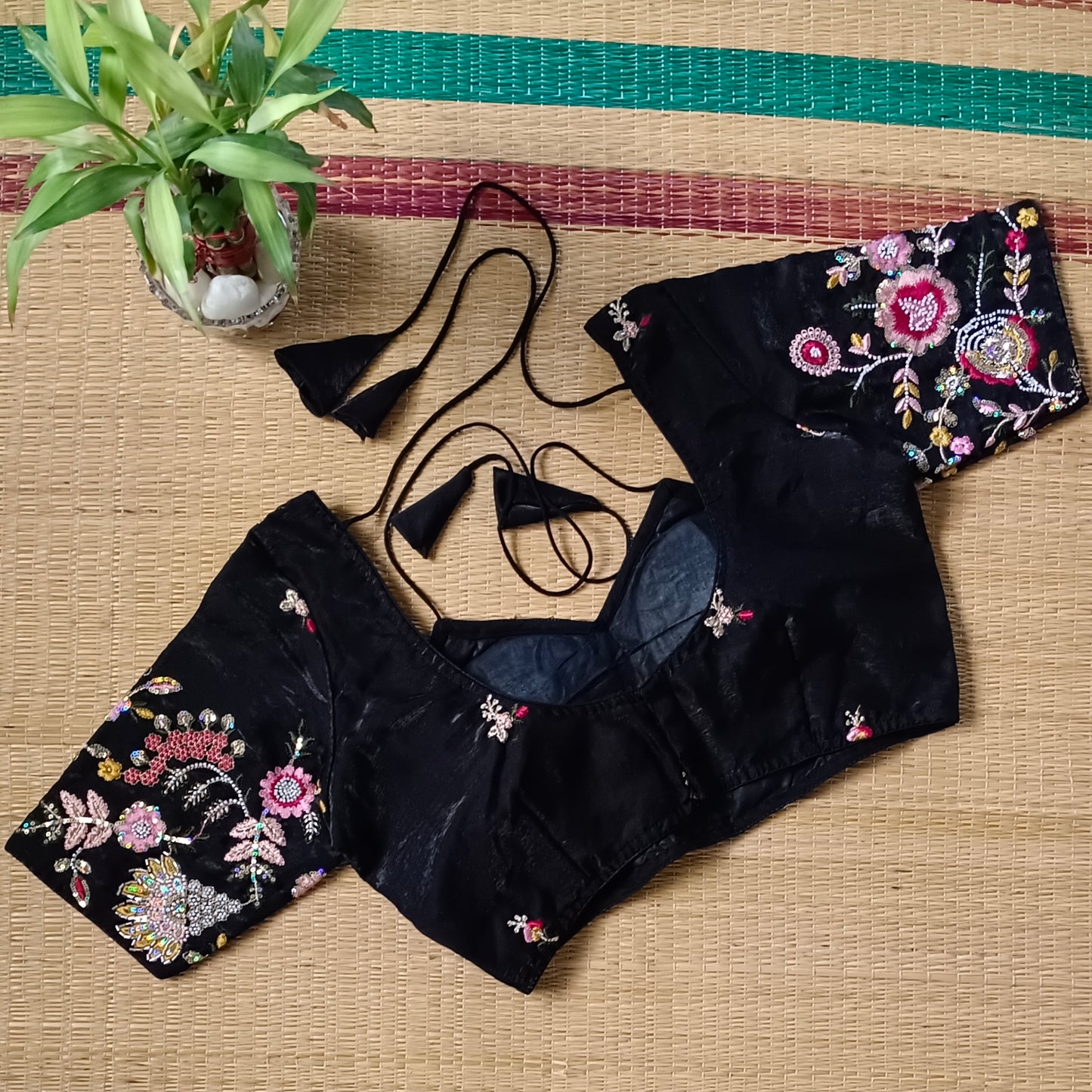 Black Multicolor Embroidery Masaba Neck Blouse