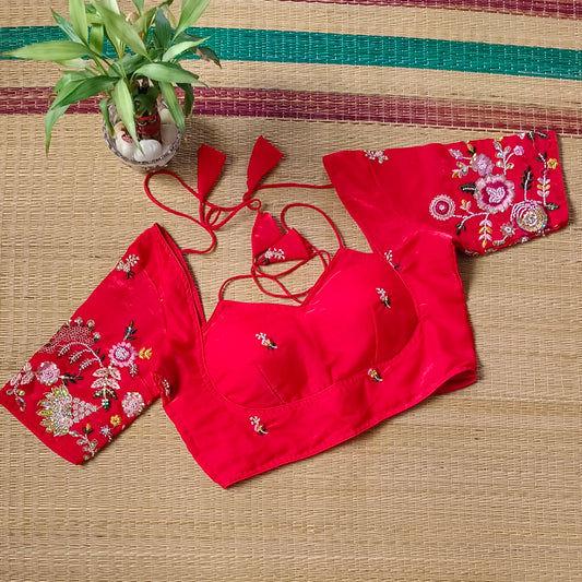 Cherry Red Multicolor Embroidery Masaba Neck Blouse