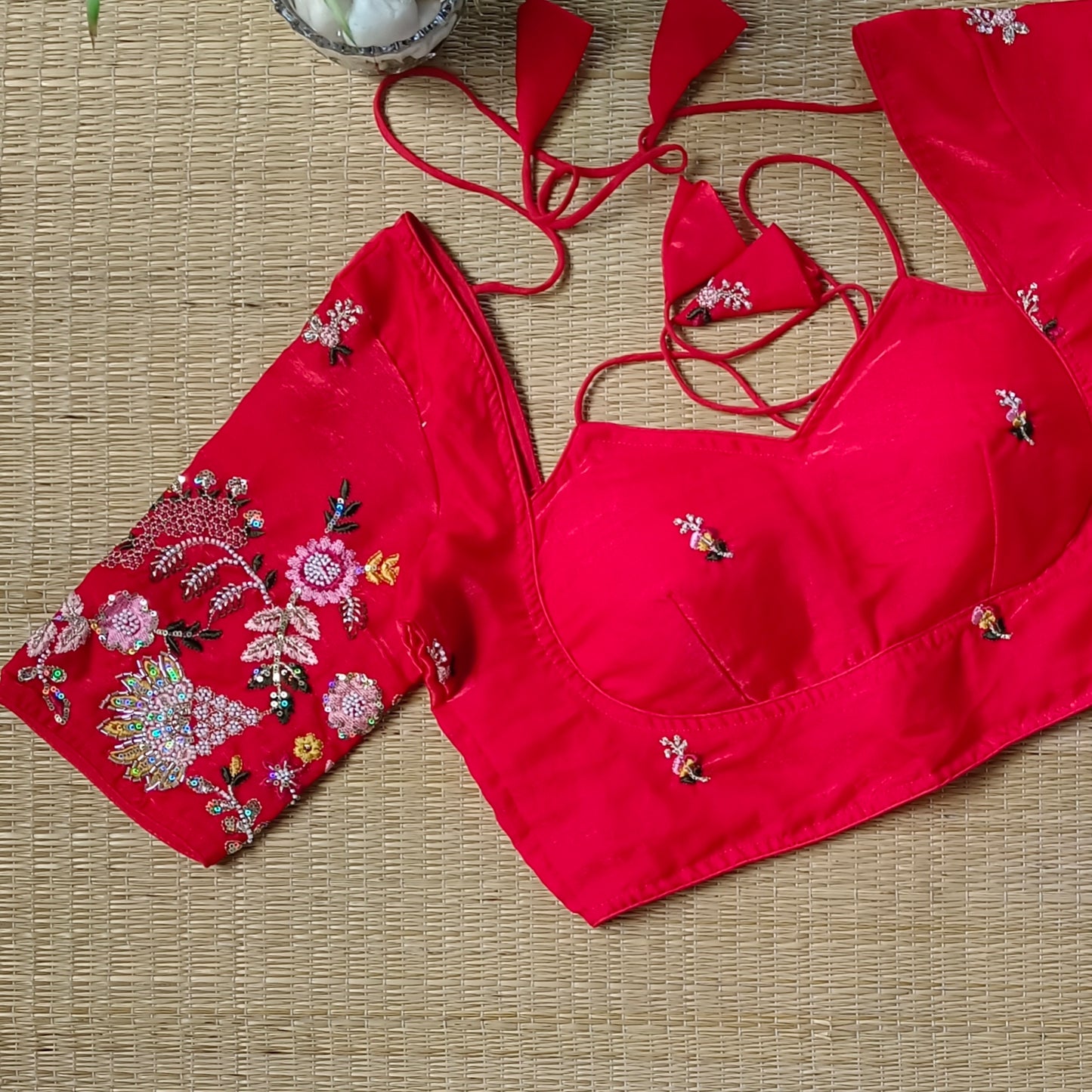 Cherry Red Multicolor Embroidery Masaba Neck Blouse