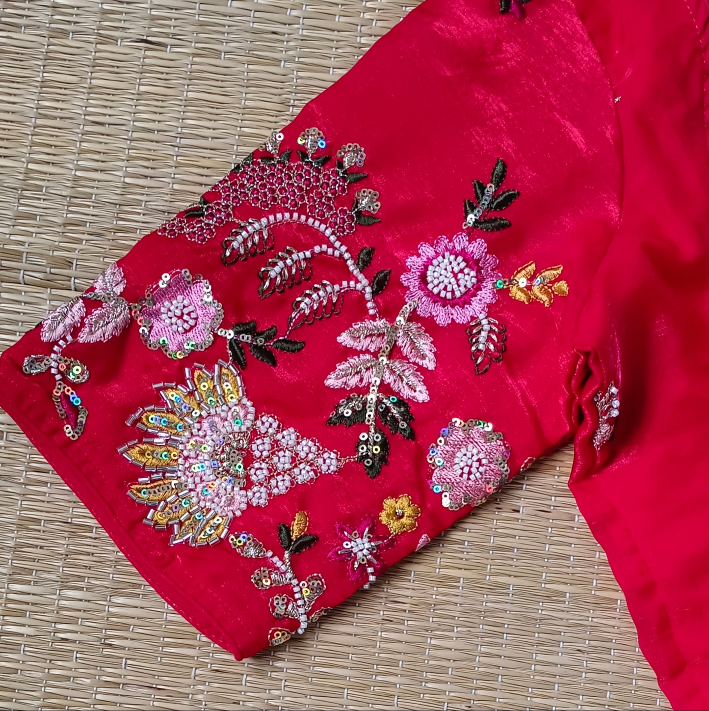 Cherry Red Multicolor Embroidery Masaba Neck Blouse