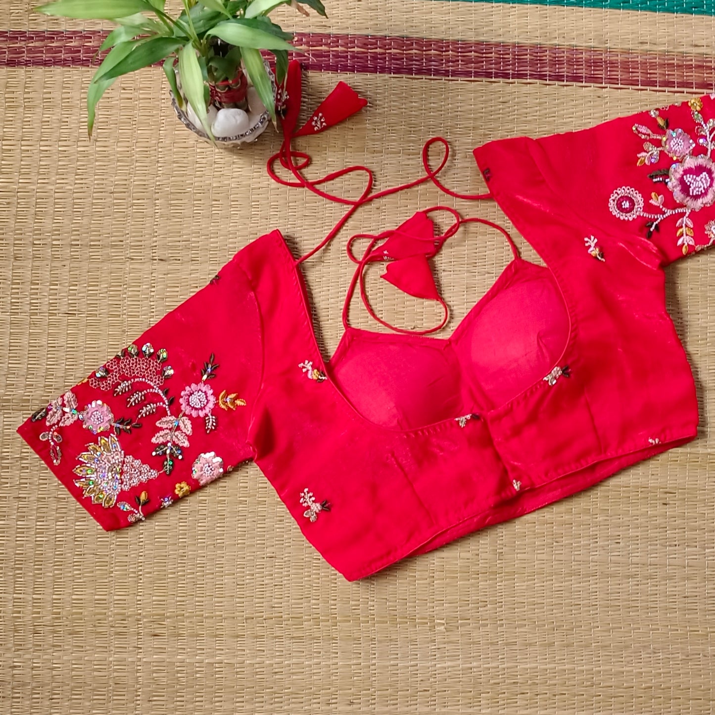 Cherry Red Multicolor Embroidery Masaba Neck Blouse
