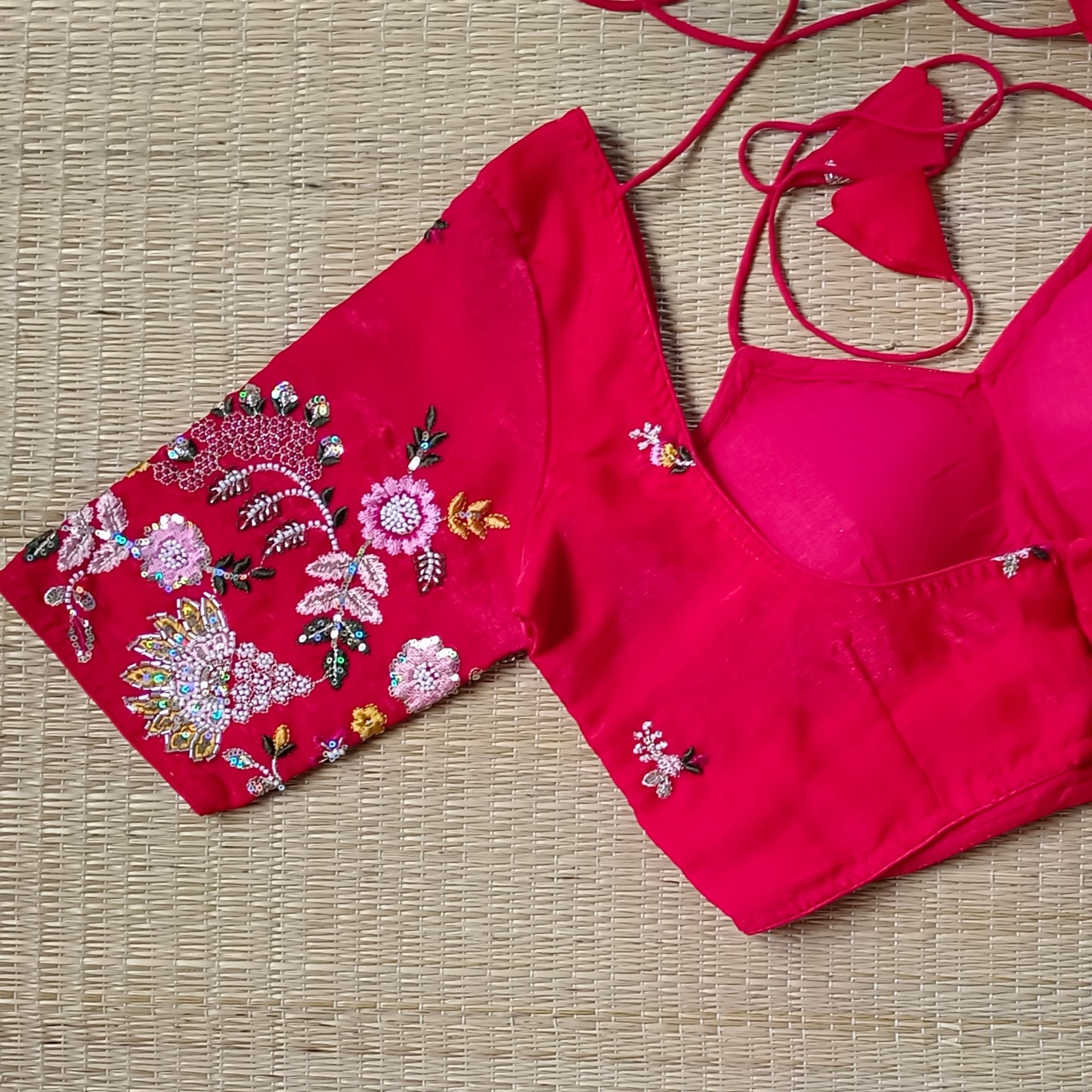 Cherry Red Multicolor Embroidery Masaba Neck Blouse