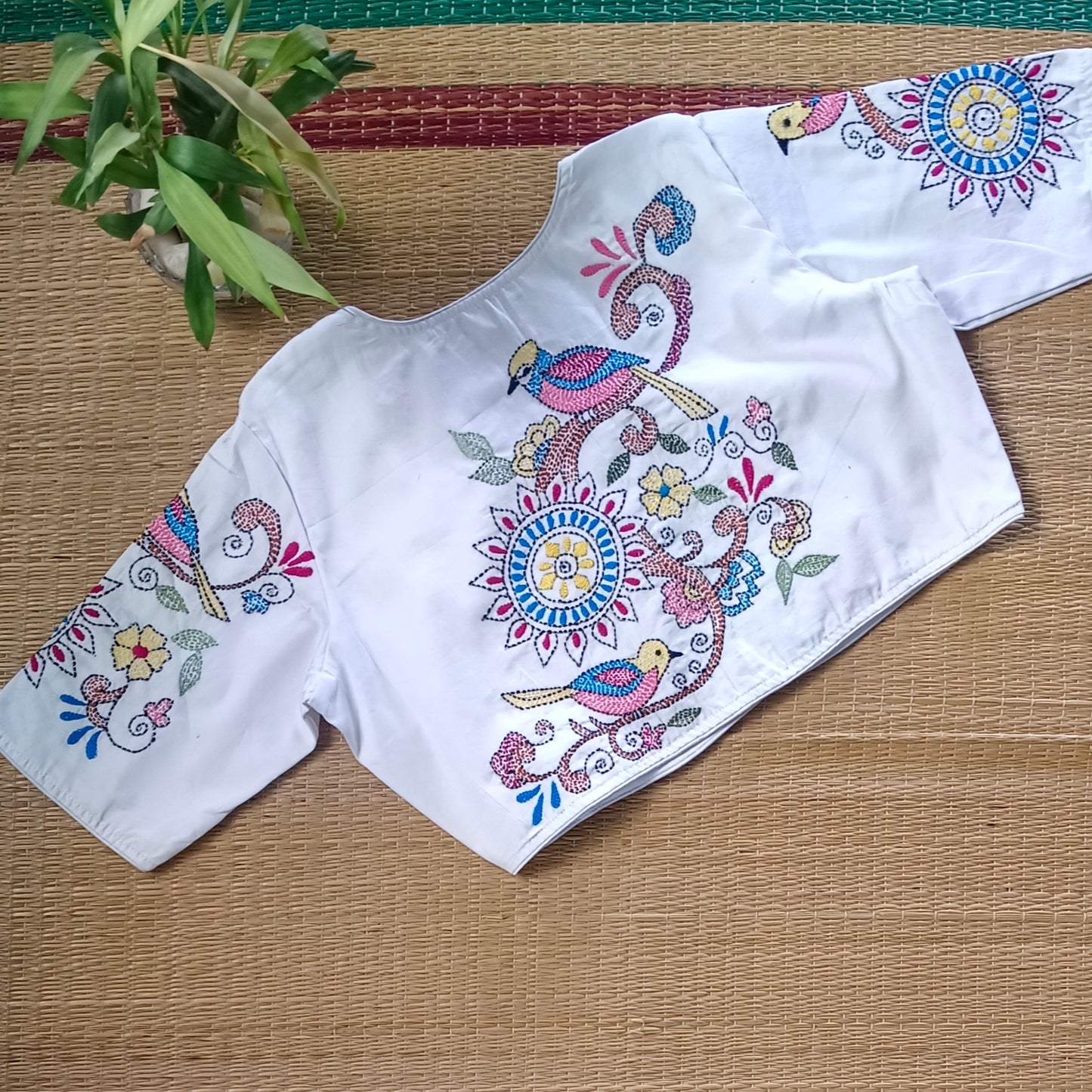 White Multicolor Katha Work Blouse