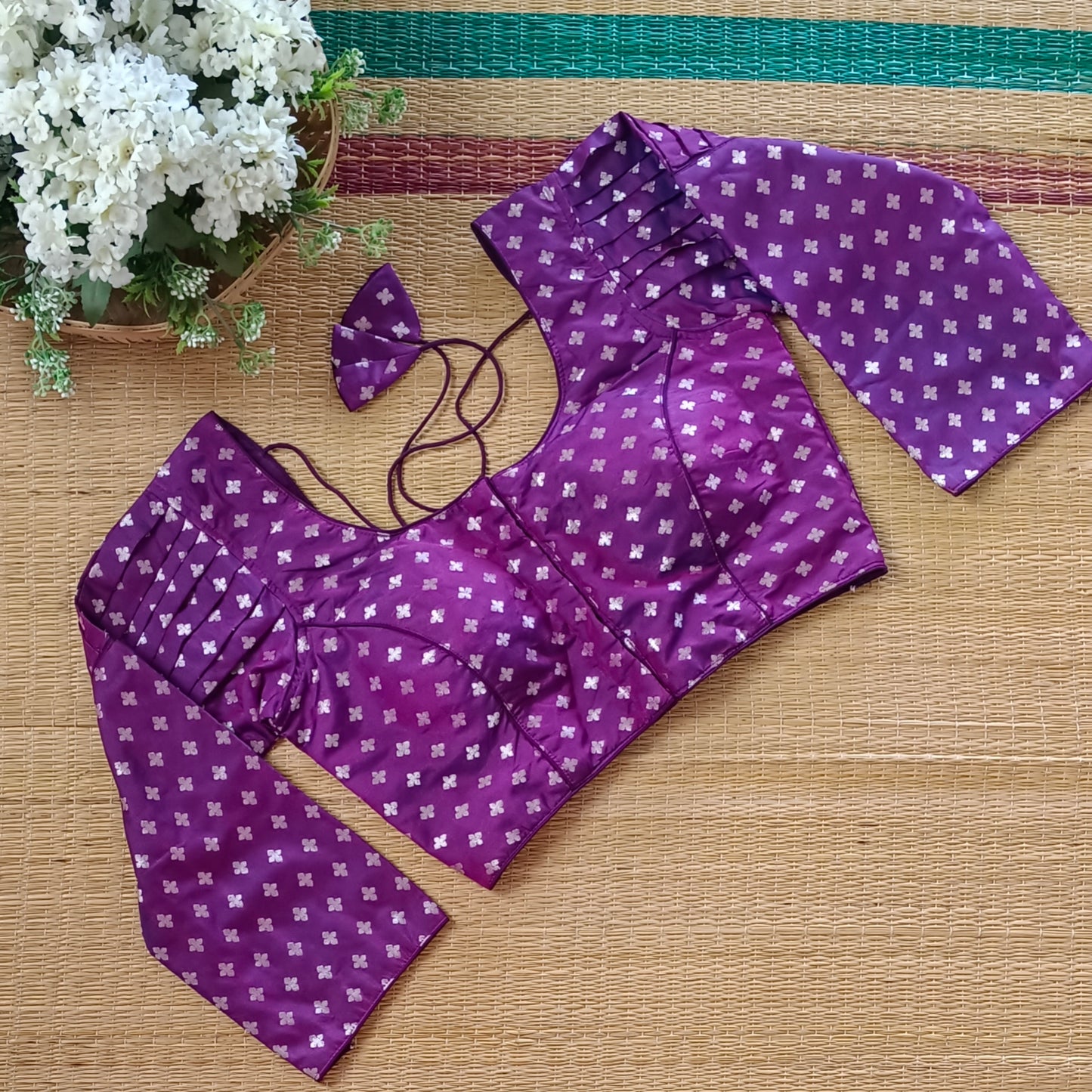 Purple3/4 Puff Sleeve Brocade Blouse
