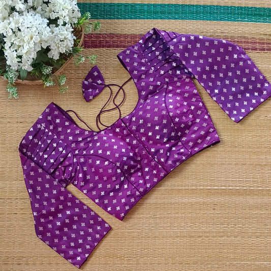 Purple3/4 Puff Sleeve Brocade Blouse