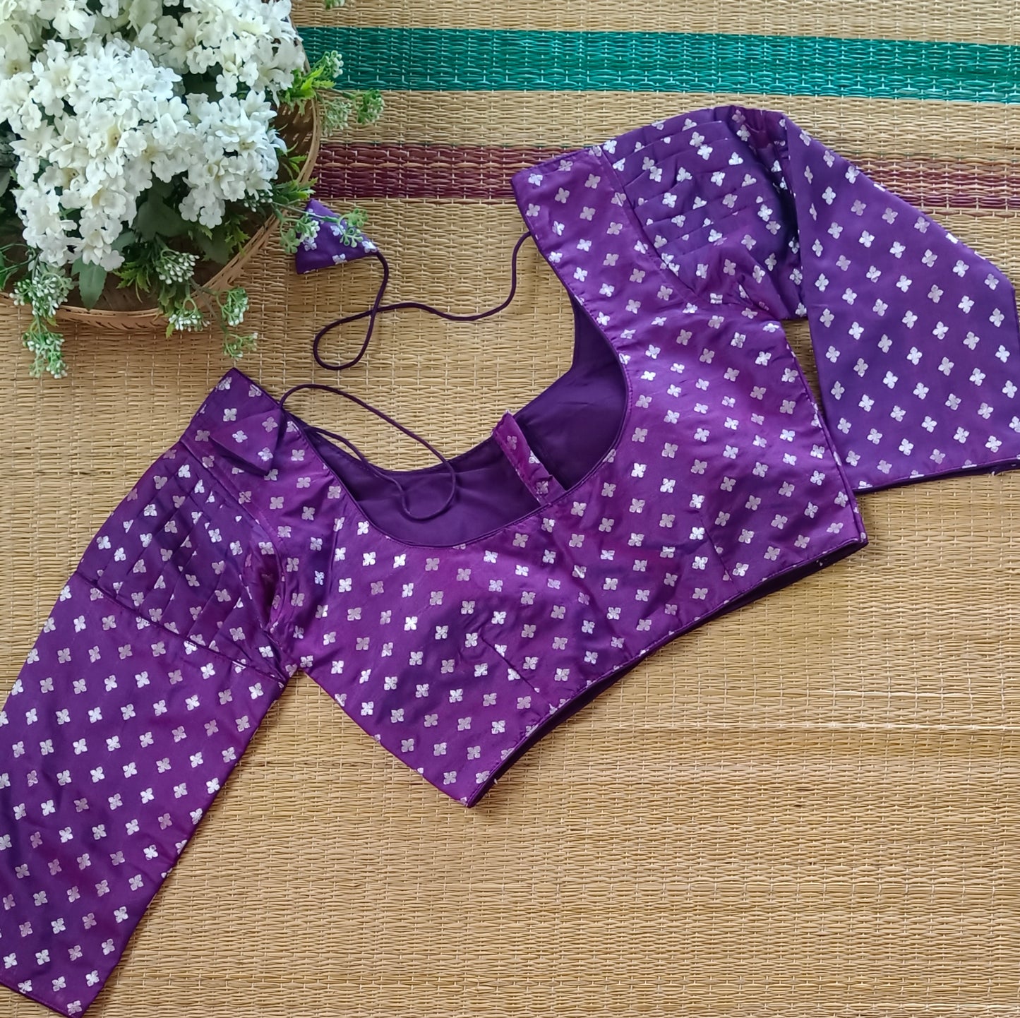 Purple3/4 Puff Sleeve Brocade Blouse