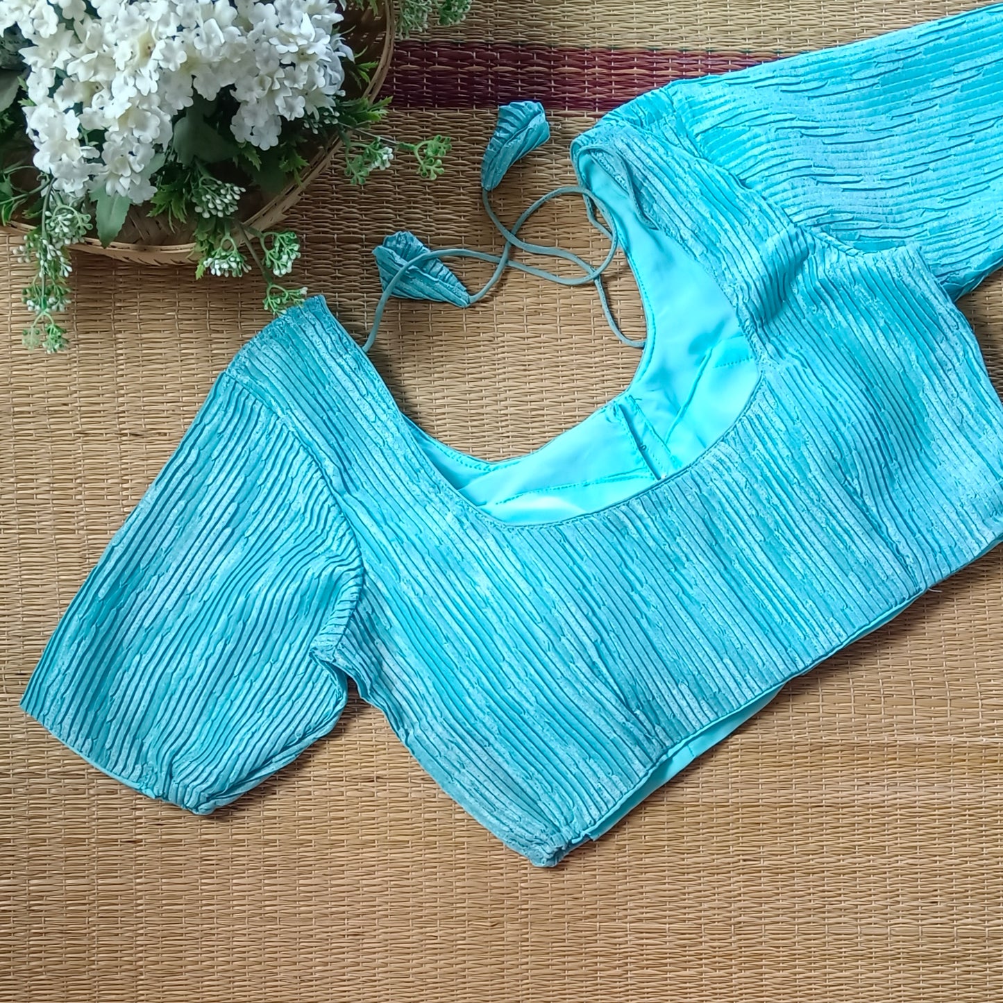 Pastel Blue Metallic Crush Tissue Stretchable Blouse