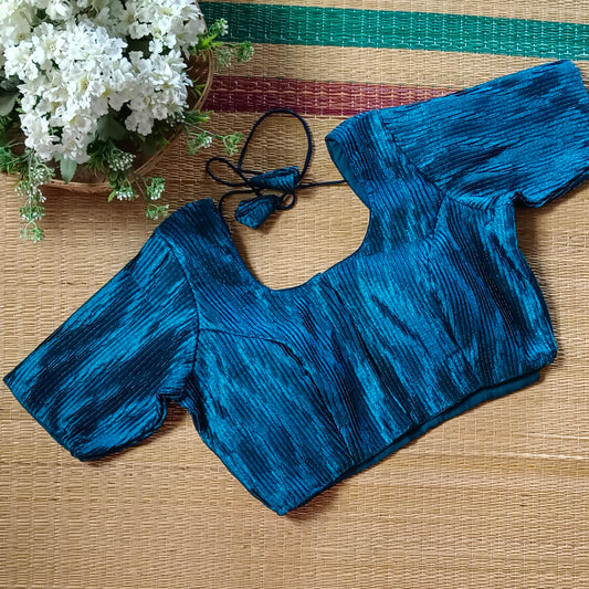 Peacock Blue Metallic Crush Tissue Stretchable Blouse