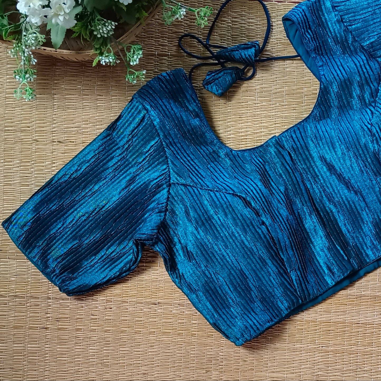Peacock Blue Metallic Crush Tissue Stretchable Blouse