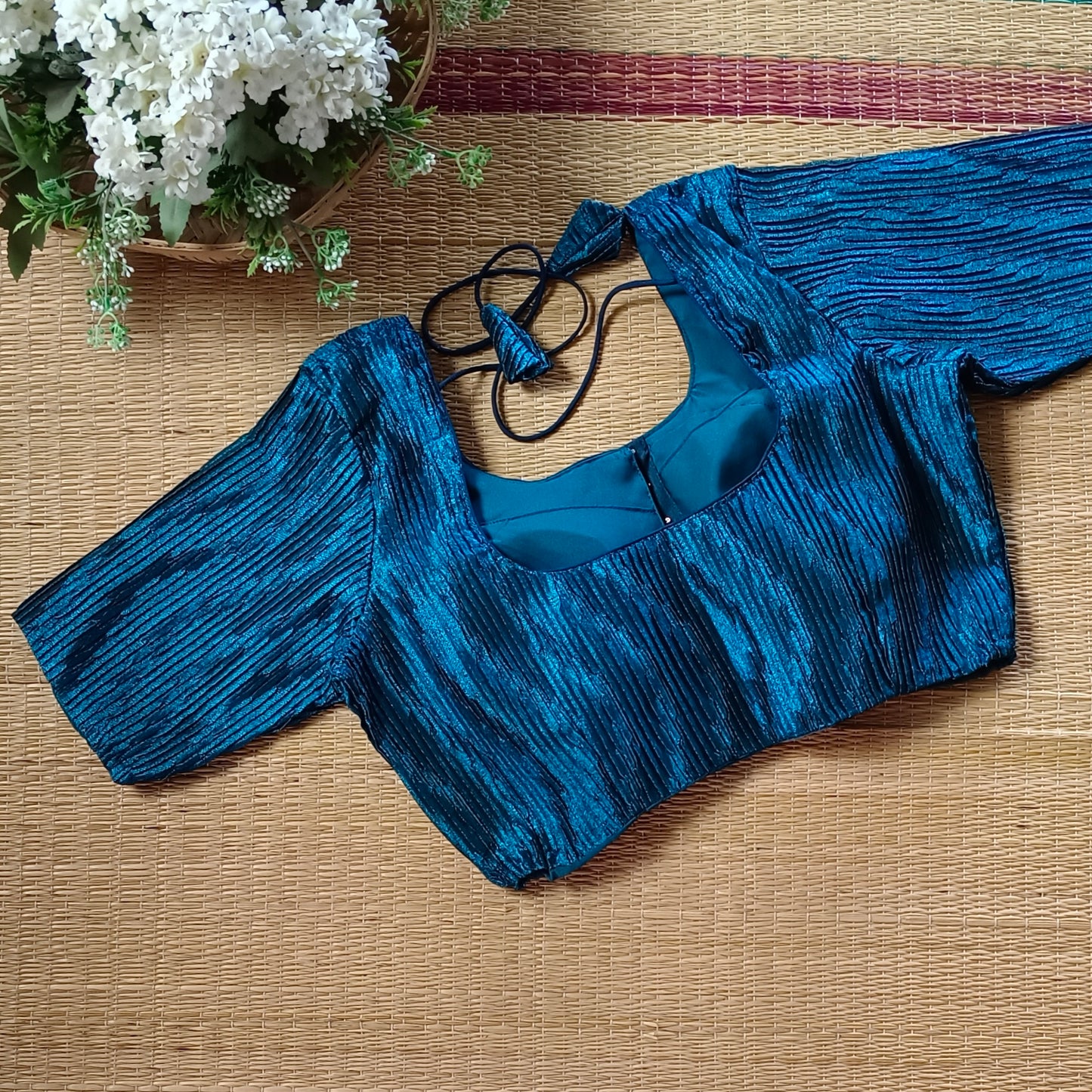 Peacock Blue Metallic Crush Tissue Stretchable Blouse