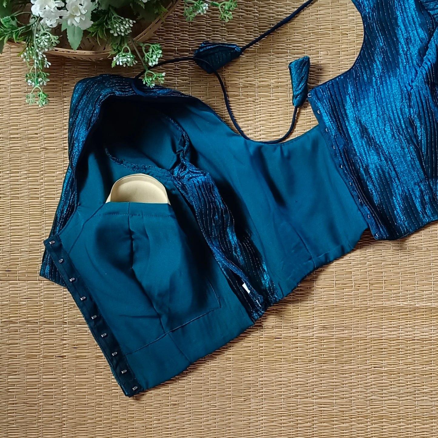 Peacock Blue Metallic Crush Tissue Stretchable Blouse