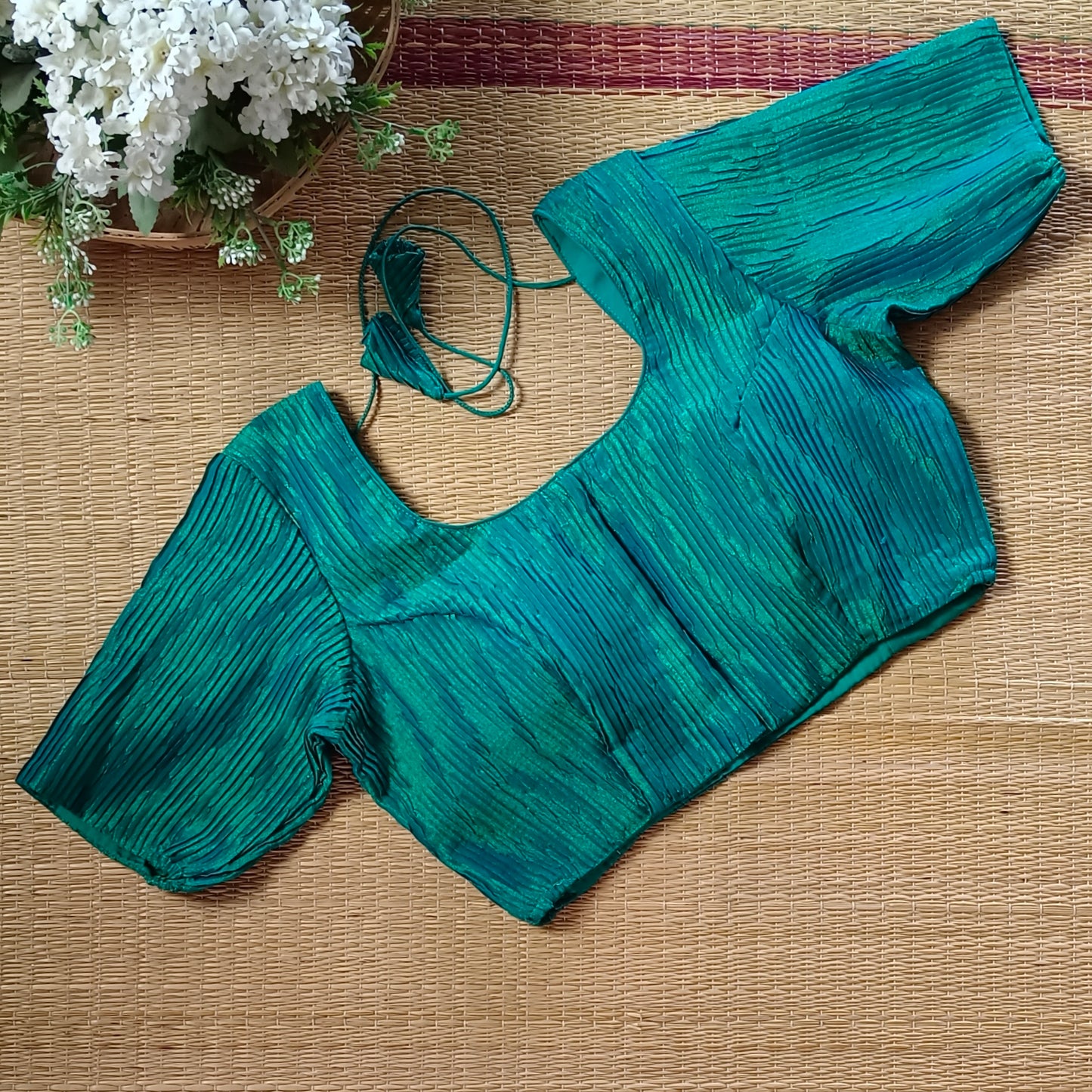 Peacock Green Metallic Crush Tissue Stretchable Blouse
