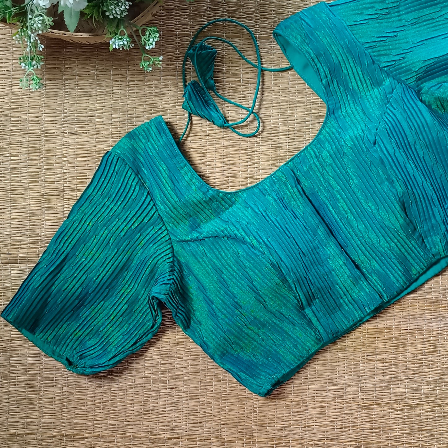 Peacock Green Metallic Crush Tissue Stretchable Blouse