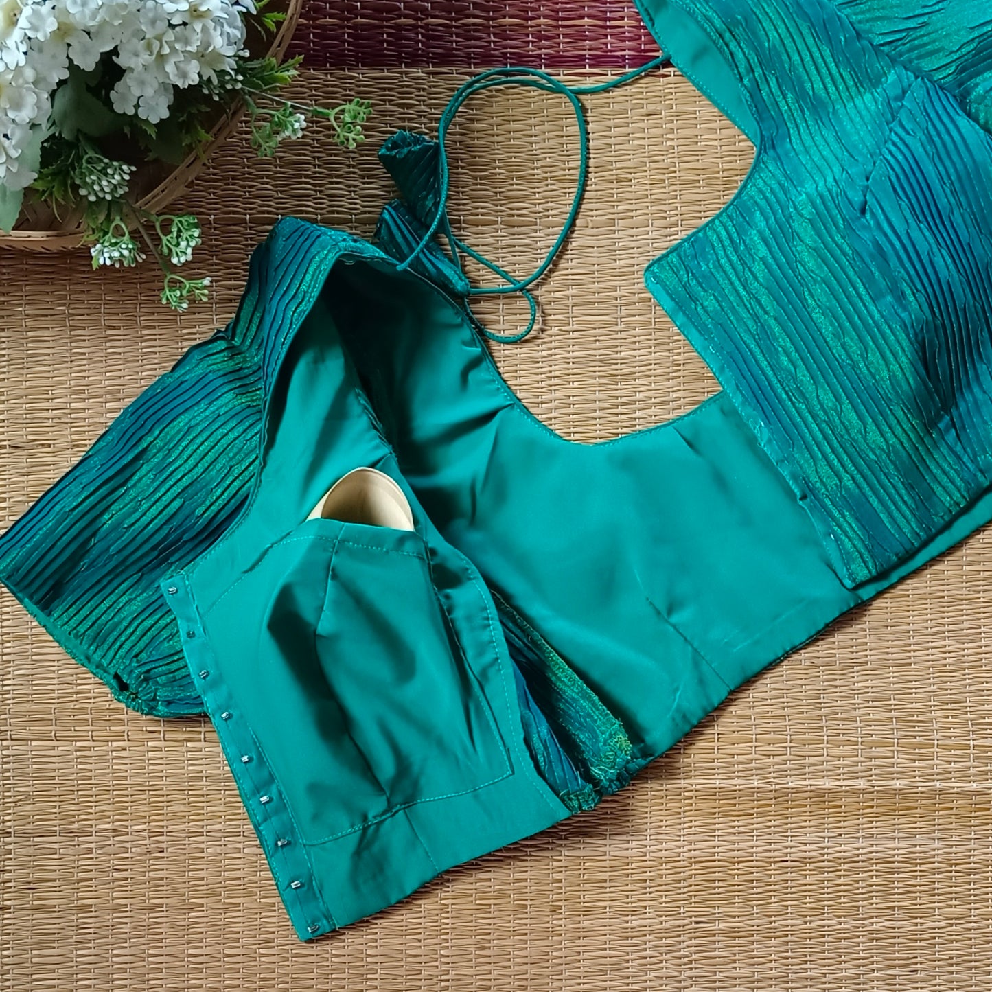 Peacock Green Metallic Crush Tissue Stretchable Blouse