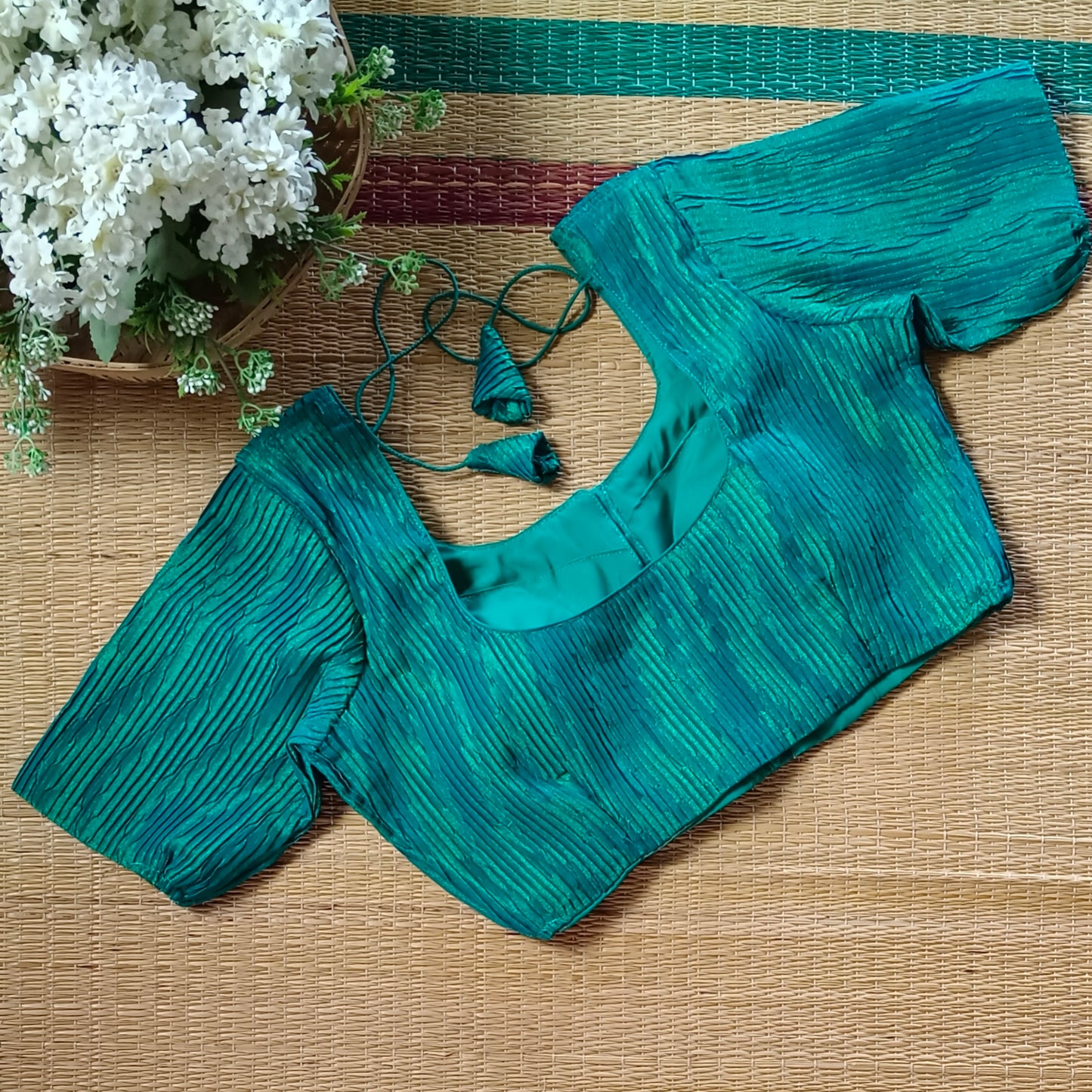 Peacock Green Metallic Crush Tissue Stretchable Blouse