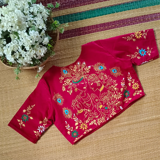 Maroon Radha Krishna hand painted blouse