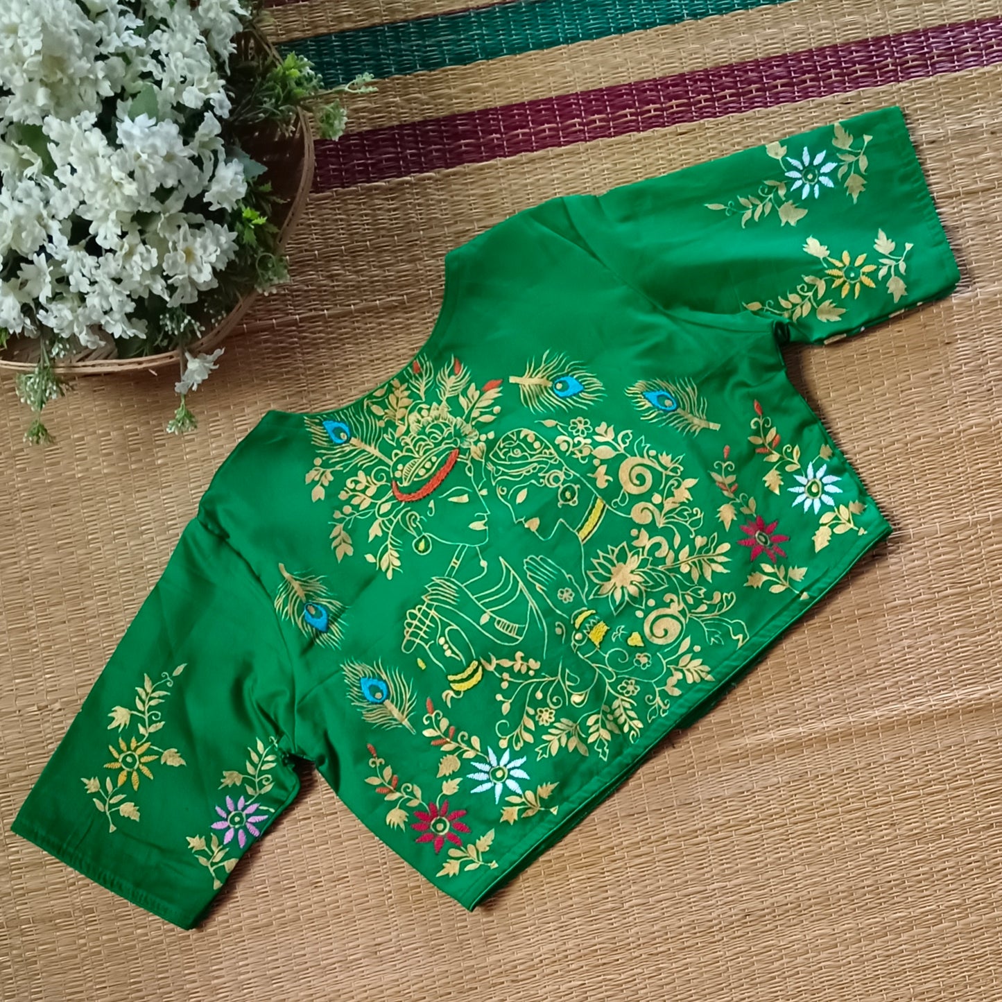 Green Radha Krishna hand painted blouse