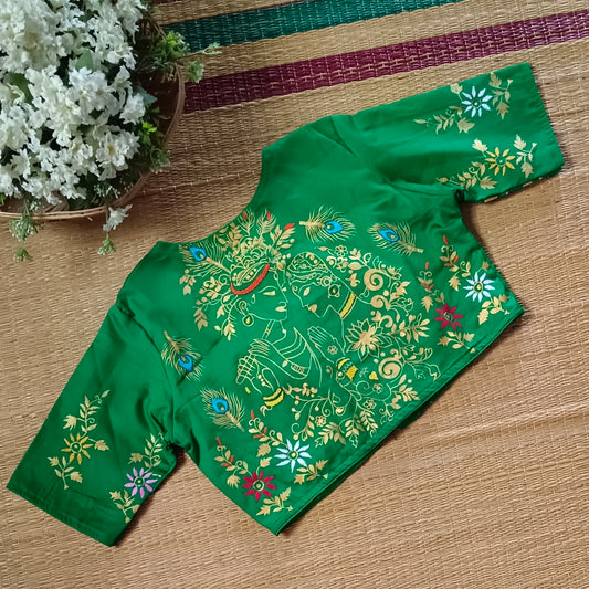 Green Radha Krishna hand painted blouse