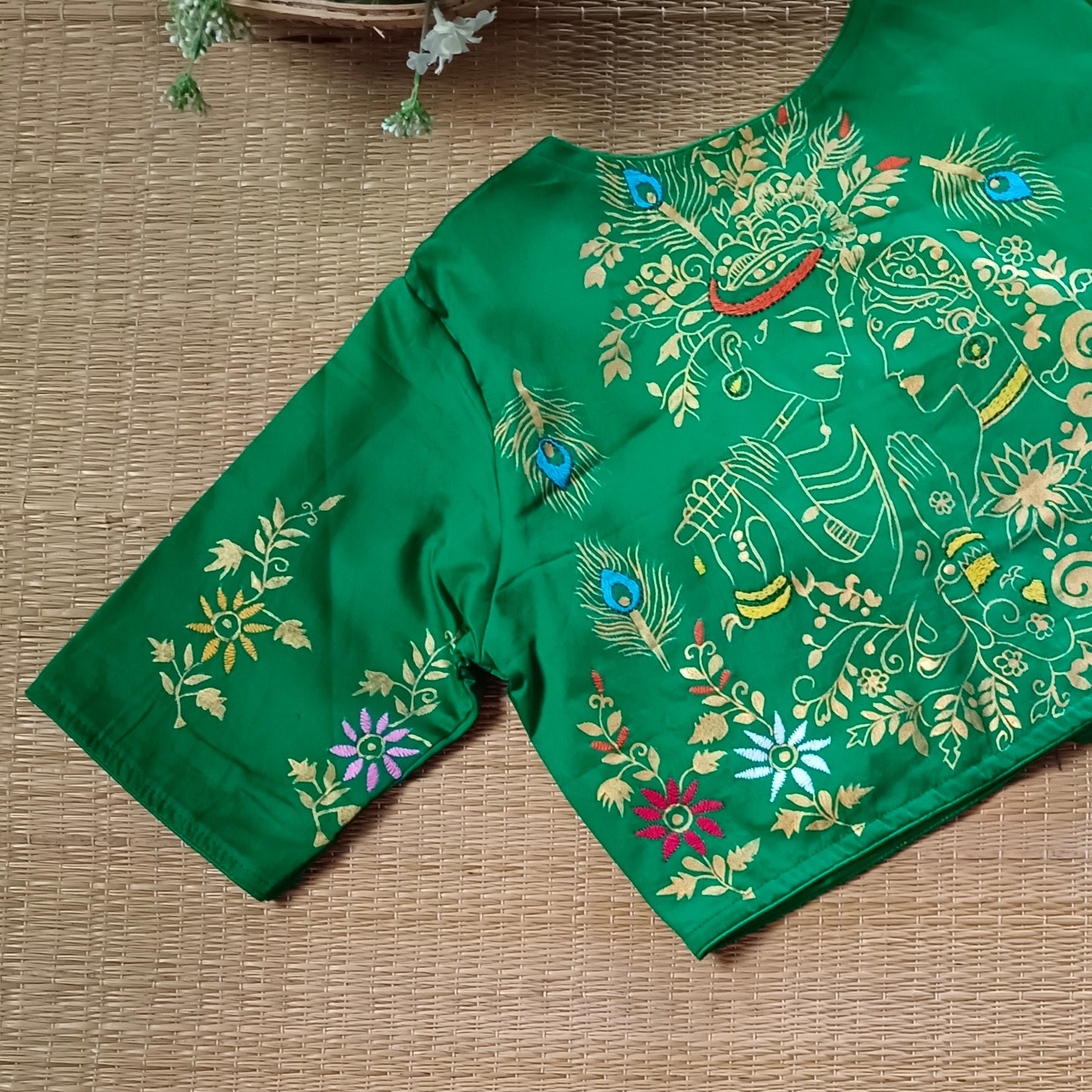 Green Radha Krishna hand painted blouse