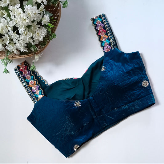 Peacock blue multicolor embroidery Sleeveless Blouse / crop top