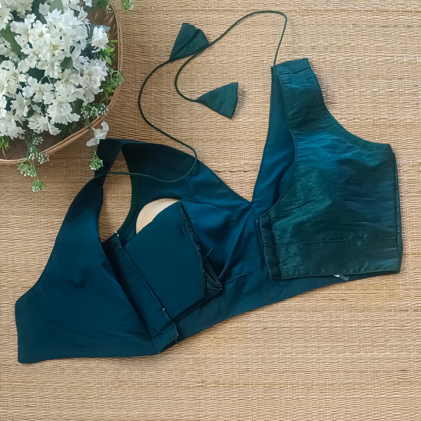 Bottle Green V neck blouse with attachable sleeves