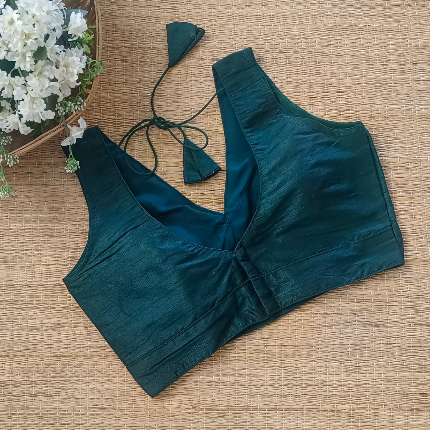 Bottle Green V neck blouse with attachable sleeves