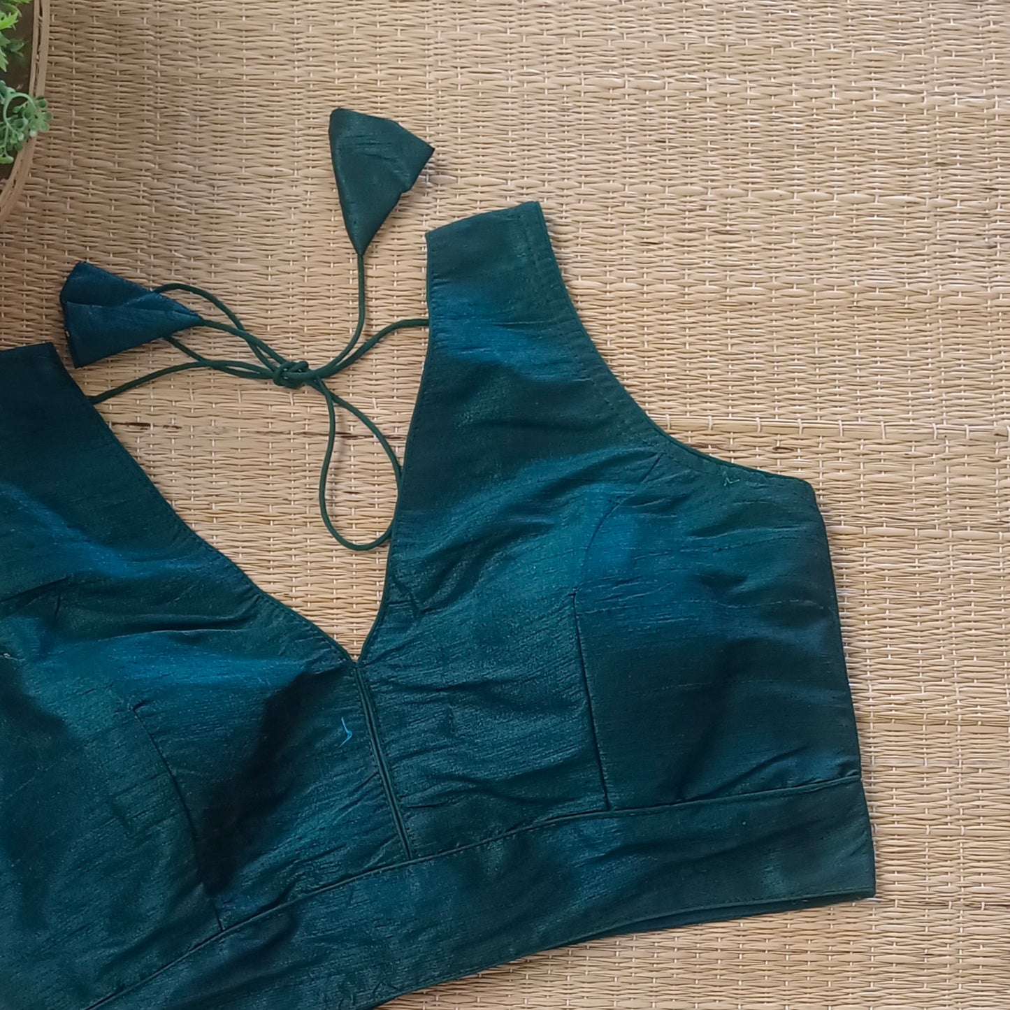 Bottle Green V neck blouse with attachable sleeves