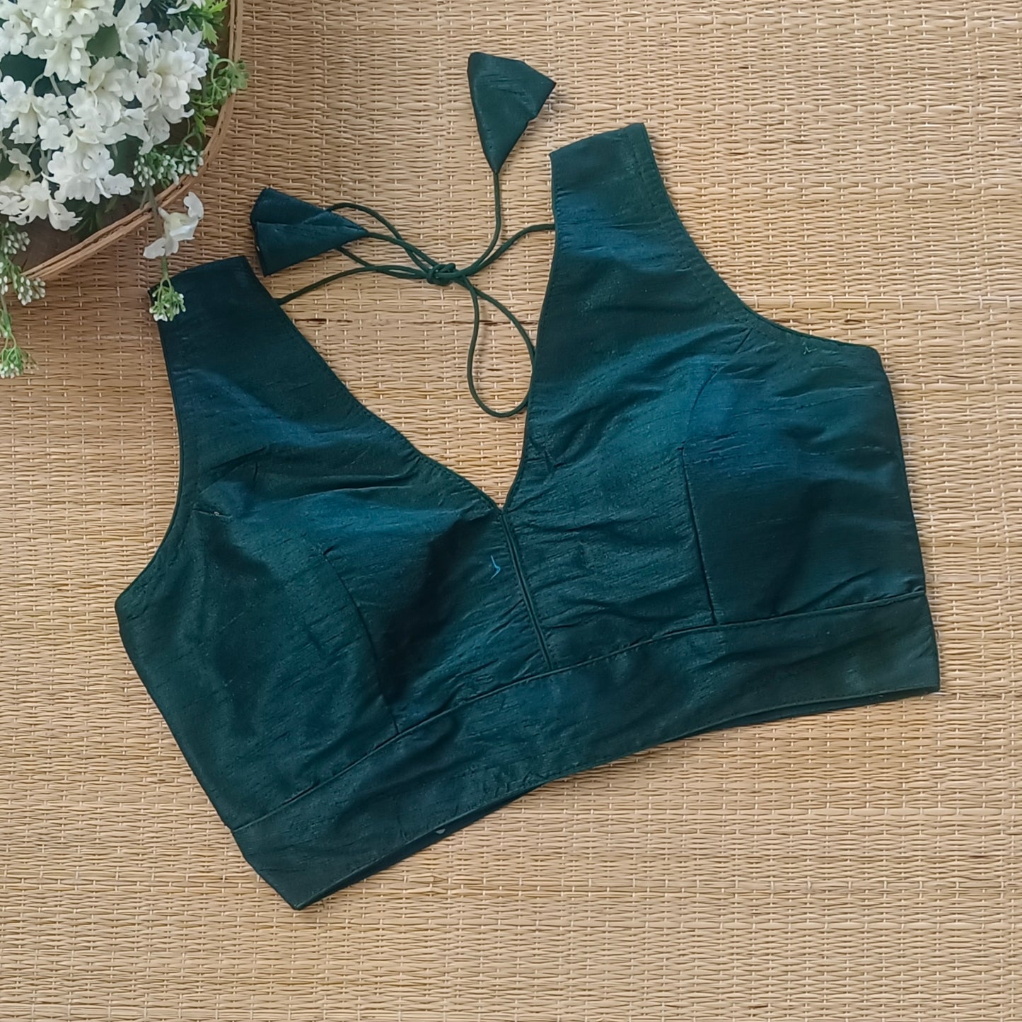 Bottle Green V neck blouse with attachable sleeves