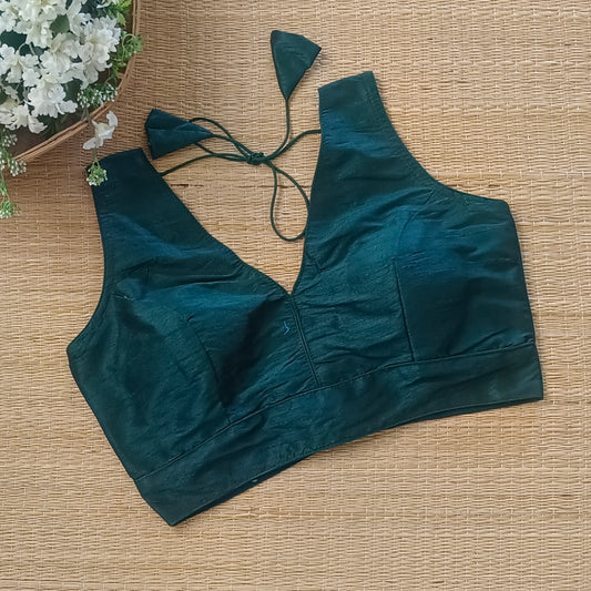 Bottle Green V neck blouse with attachable sleeves