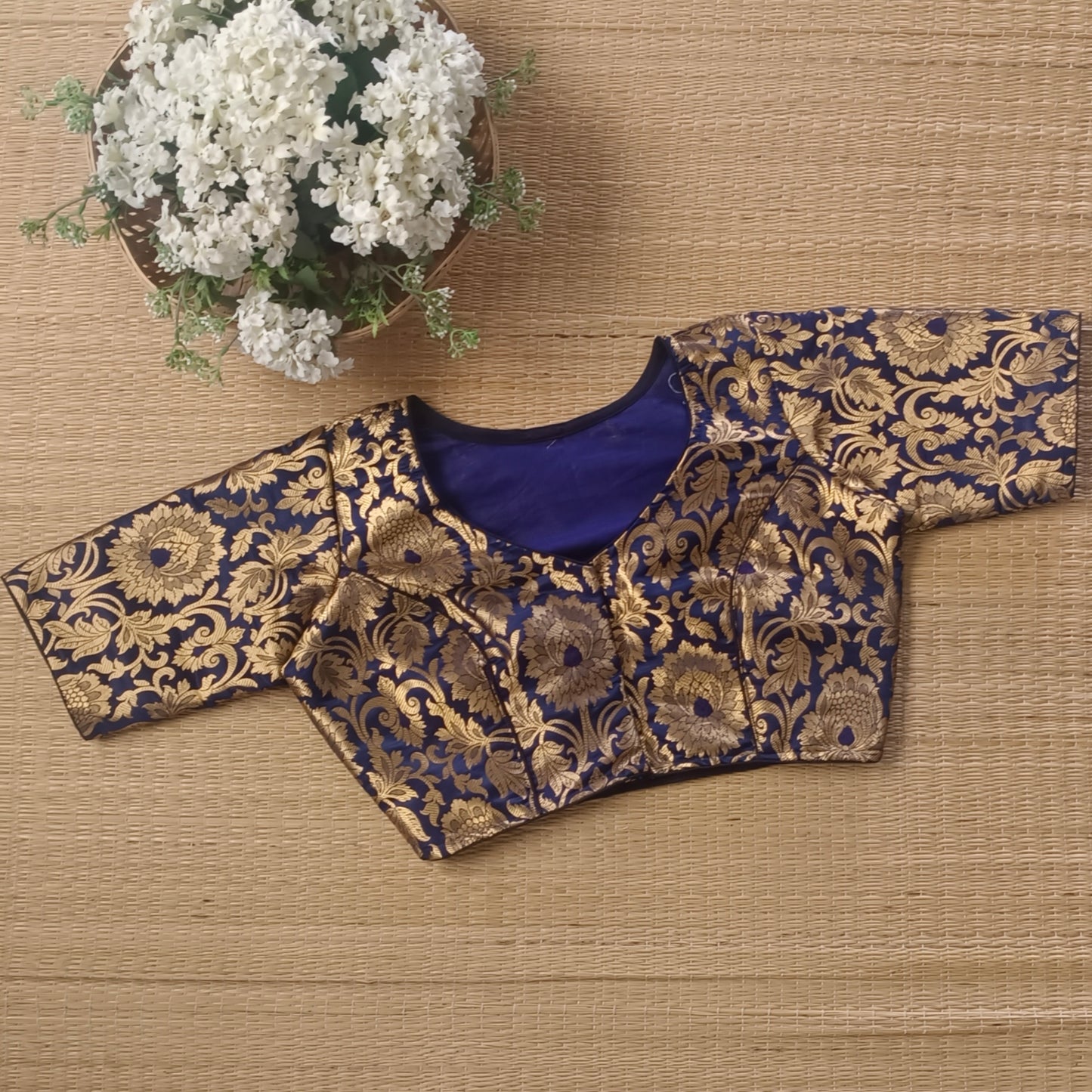 Navy Blue Brocade Blouse