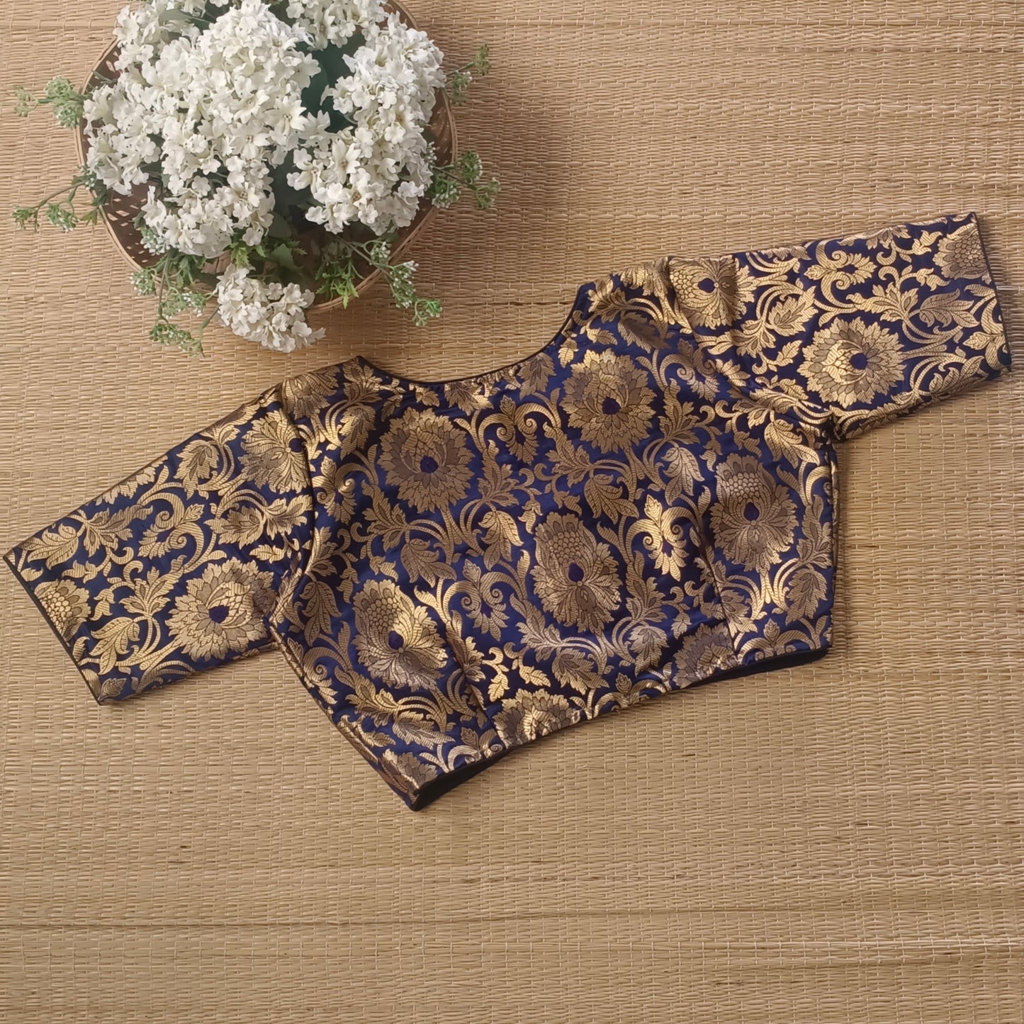 Navy Blue Brocade Blouse