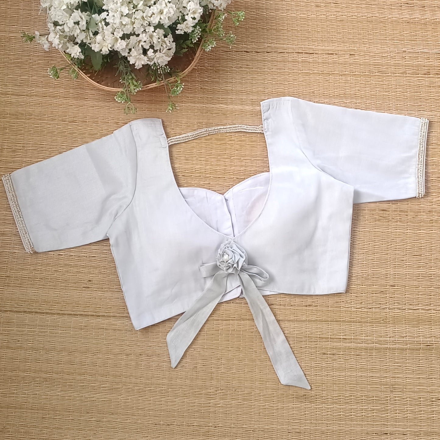 Silver Metallic Tissue Bow Tie Blouse