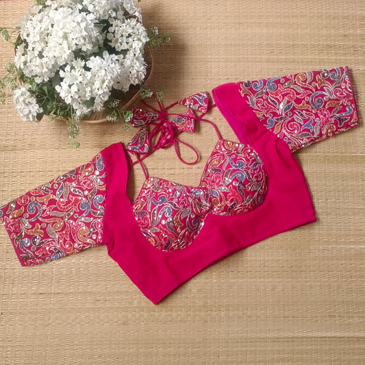 Rani Pink Masaba Neck Blouse with Multicolor Embroidery