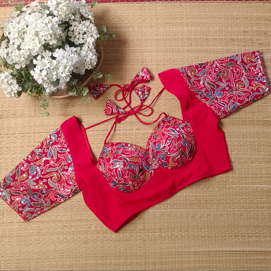 Cherry Red Masaba Neck Blouse with Multicolor Embroidery