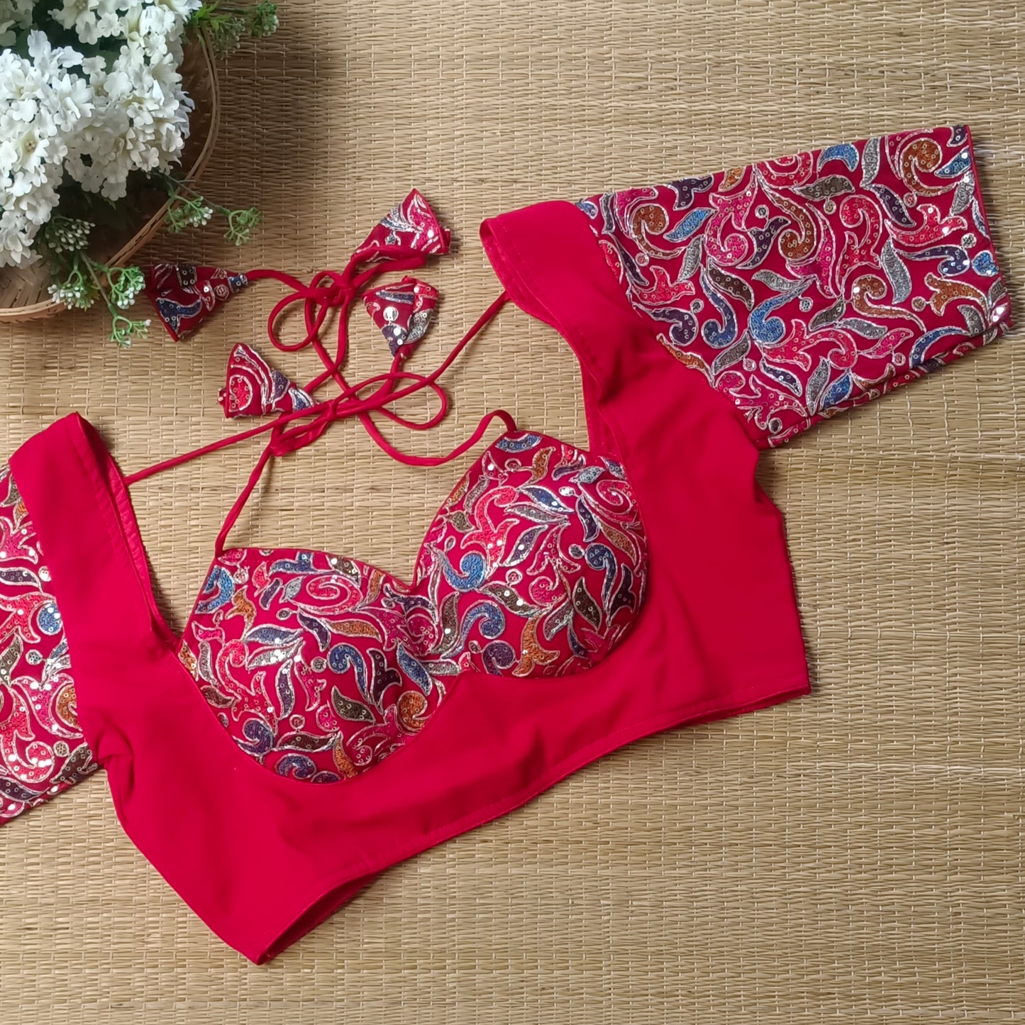 Cherry Red Masaba Neck Blouse with Multicolor Embroidery