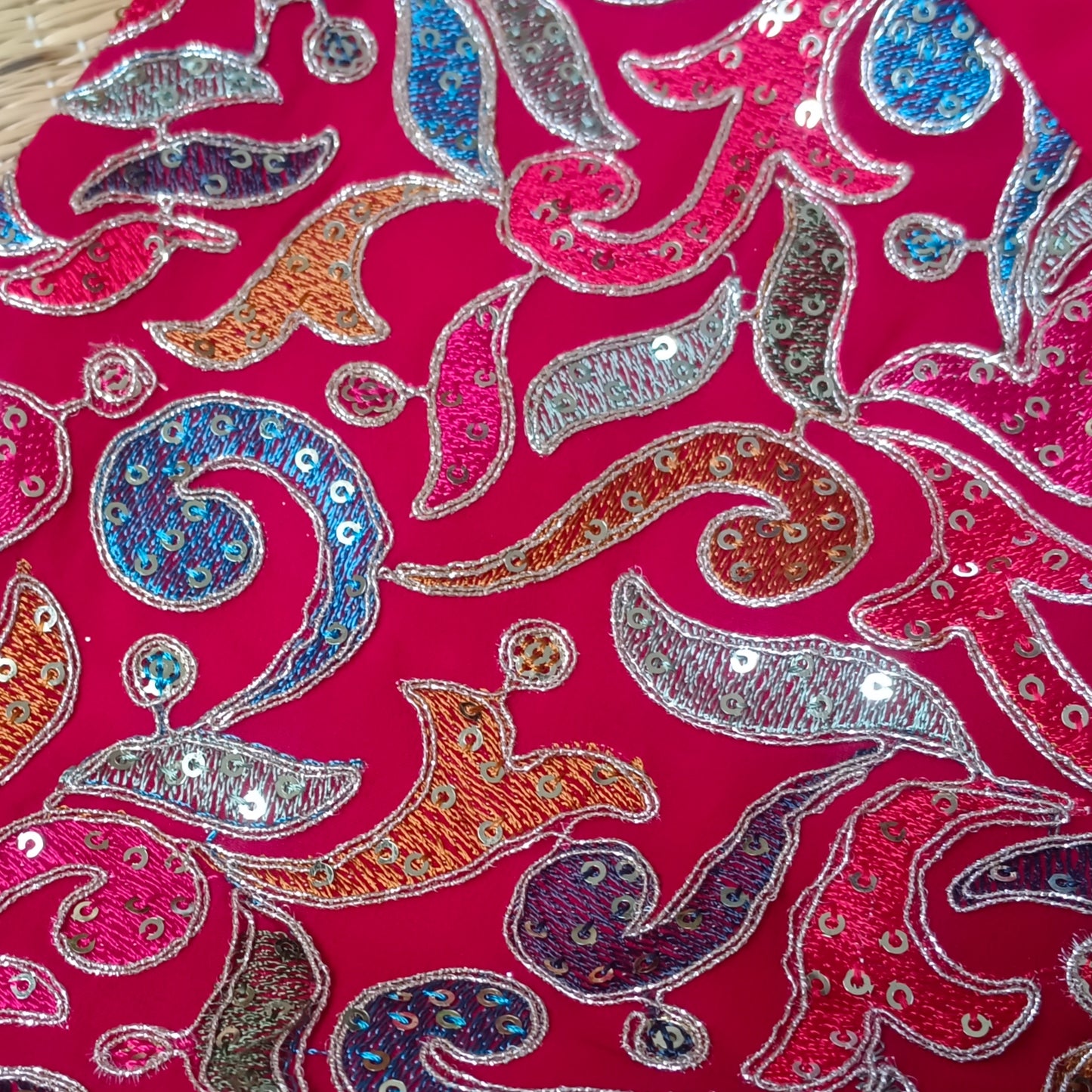 Cherry Red Masaba Neck Blouse with Multicolor Embroidery
