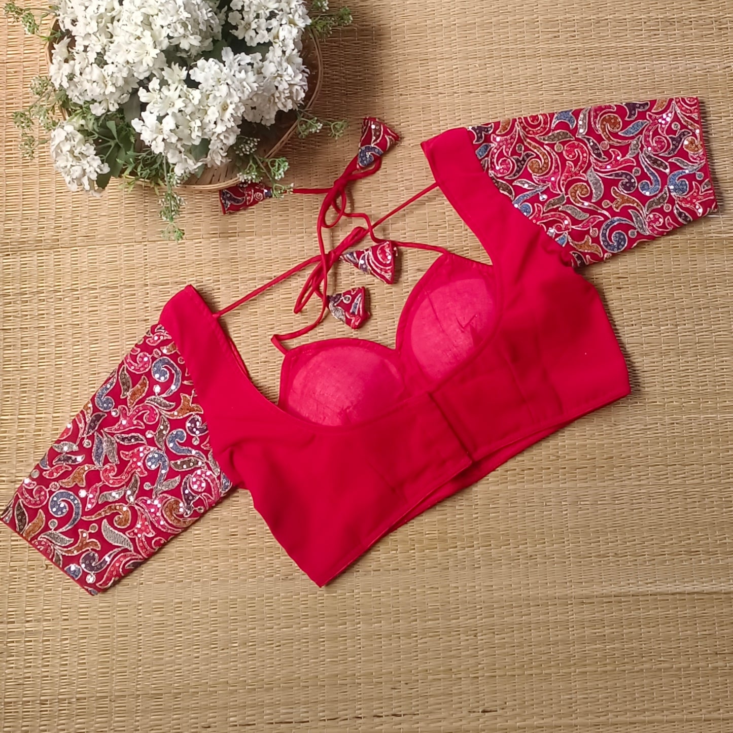 Cherry Red Masaba Neck Blouse with Multicolor Embroidery