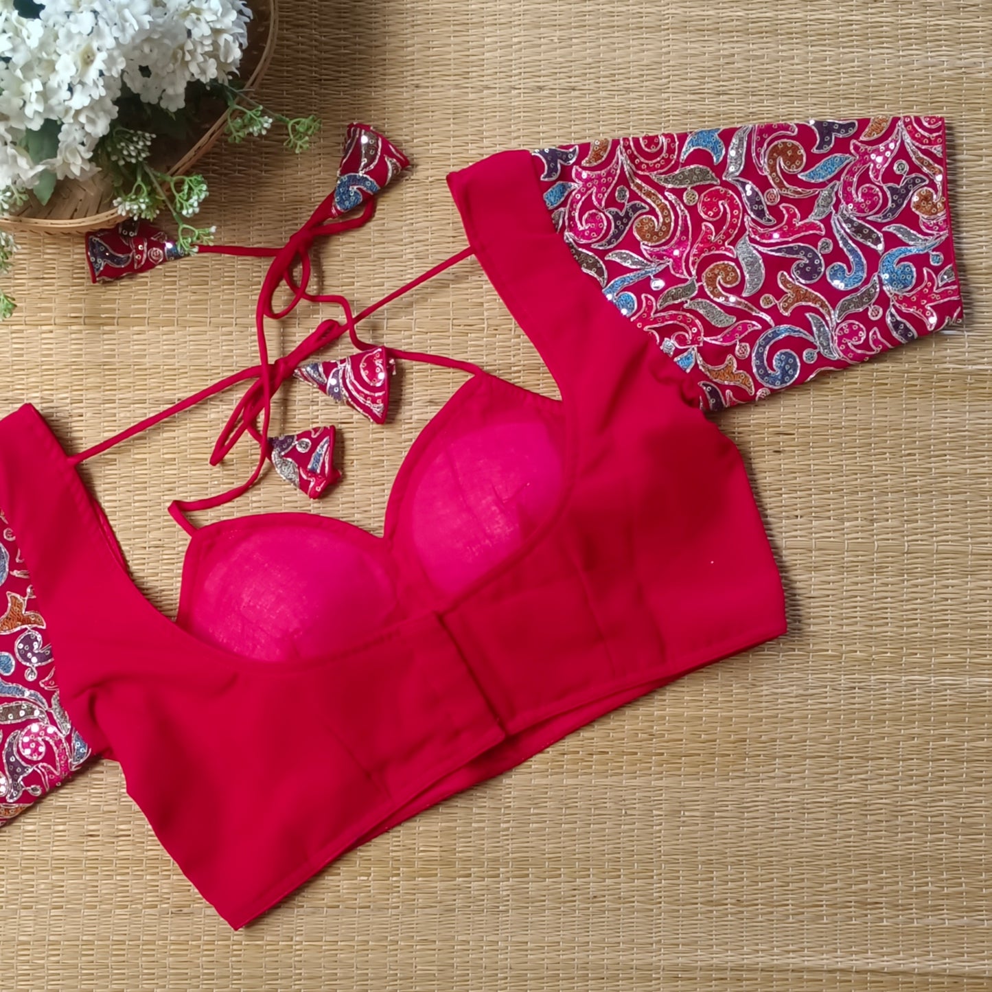 Cherry Red Masaba Neck Blouse with Multicolor Embroidery