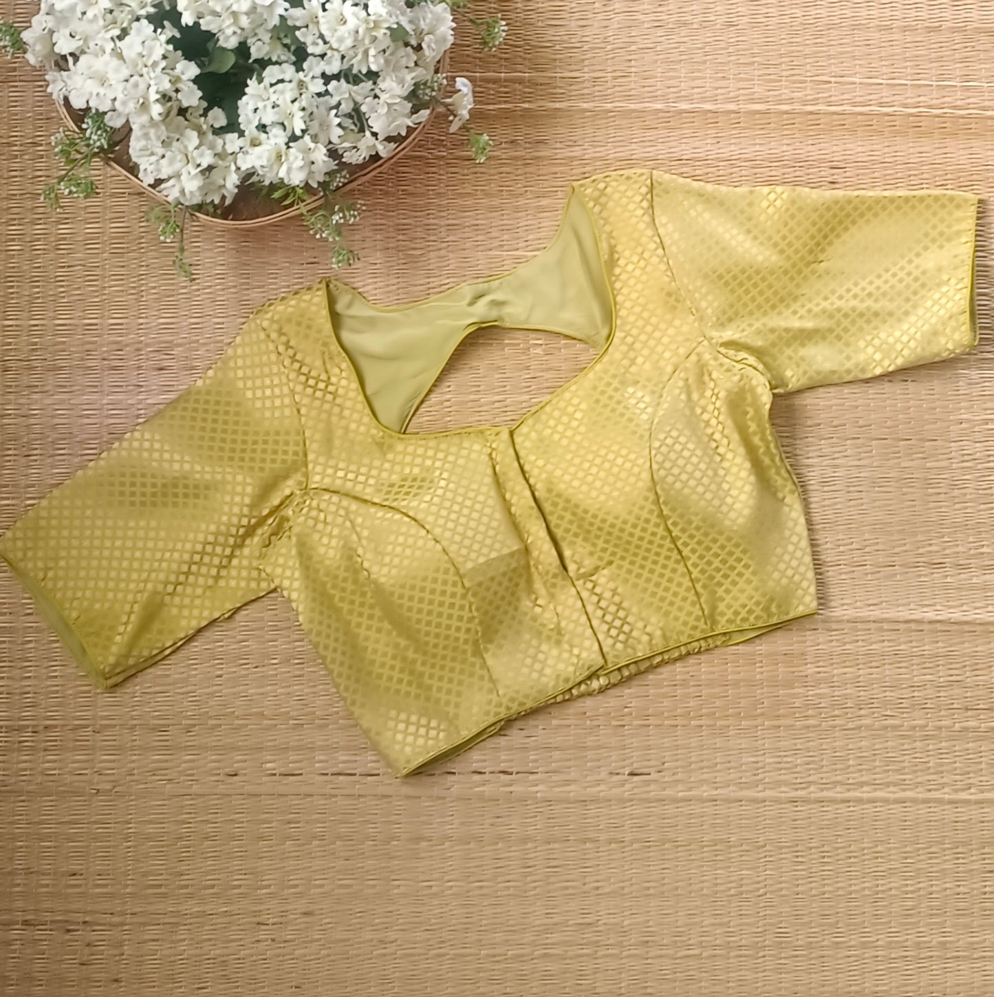 Lemon Green Back Elastic Brocade Blouse