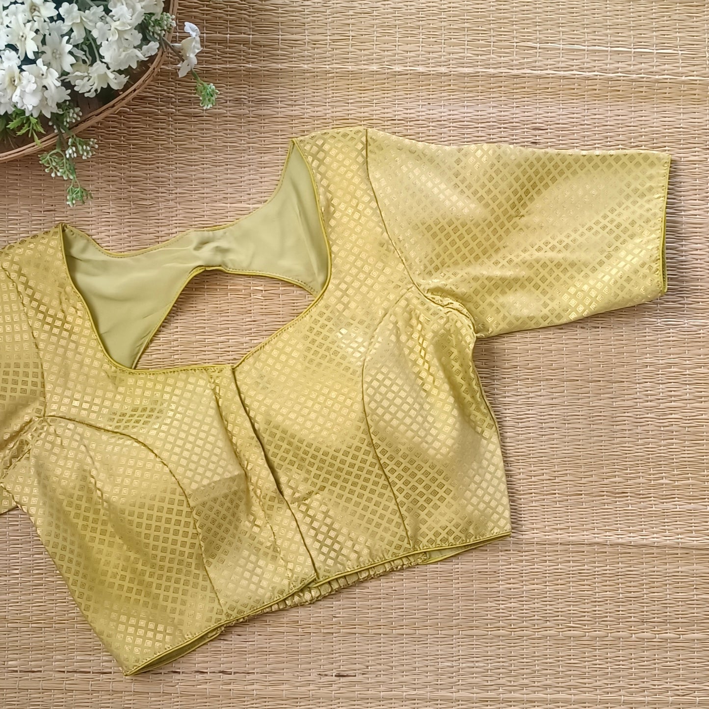 Lemon Green Back Elastic Brocade Blouse