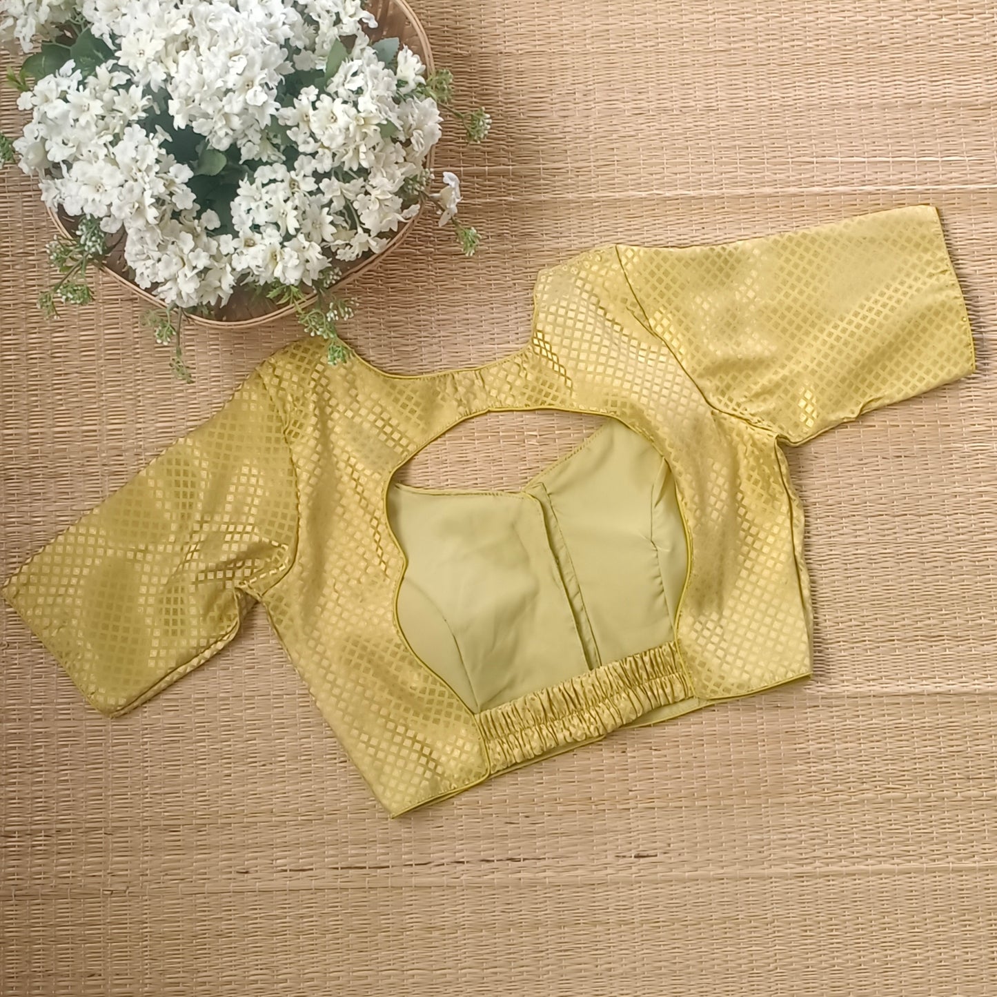 Lemon Green Back Elastic Brocade Blouse