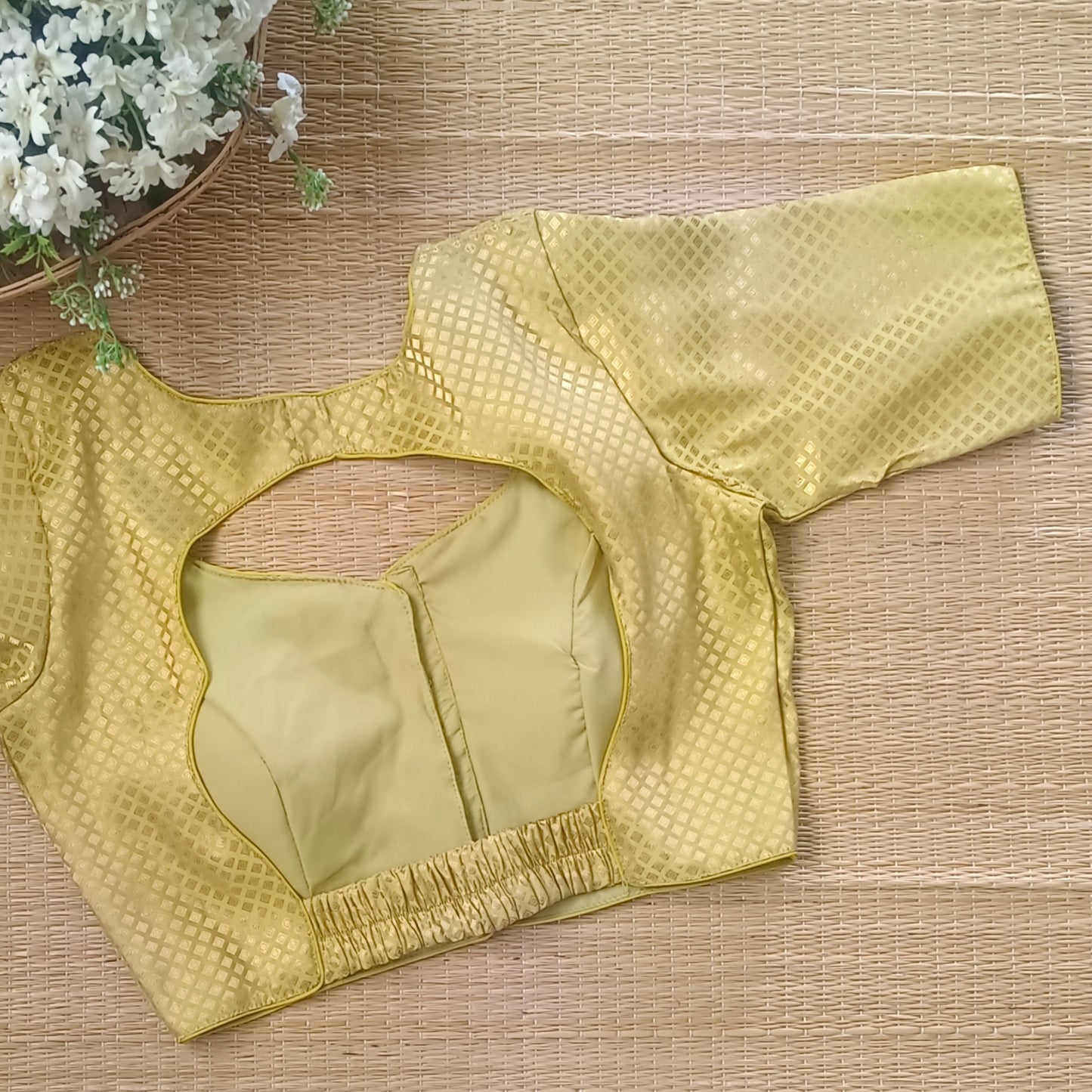 Lemon Green Back Elastic Brocade Blouse