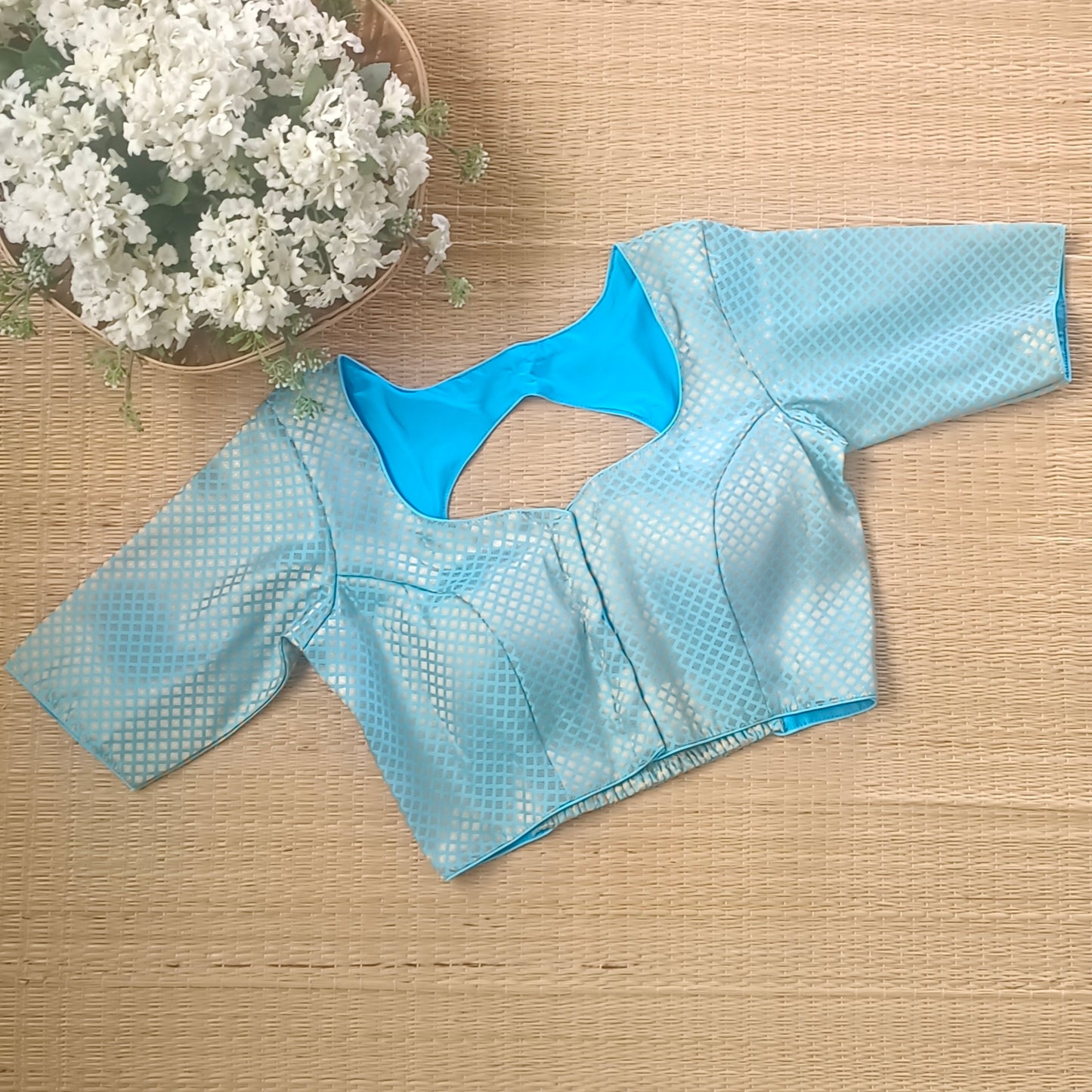 Pastel Blue Back Elastic Brocade Blouse